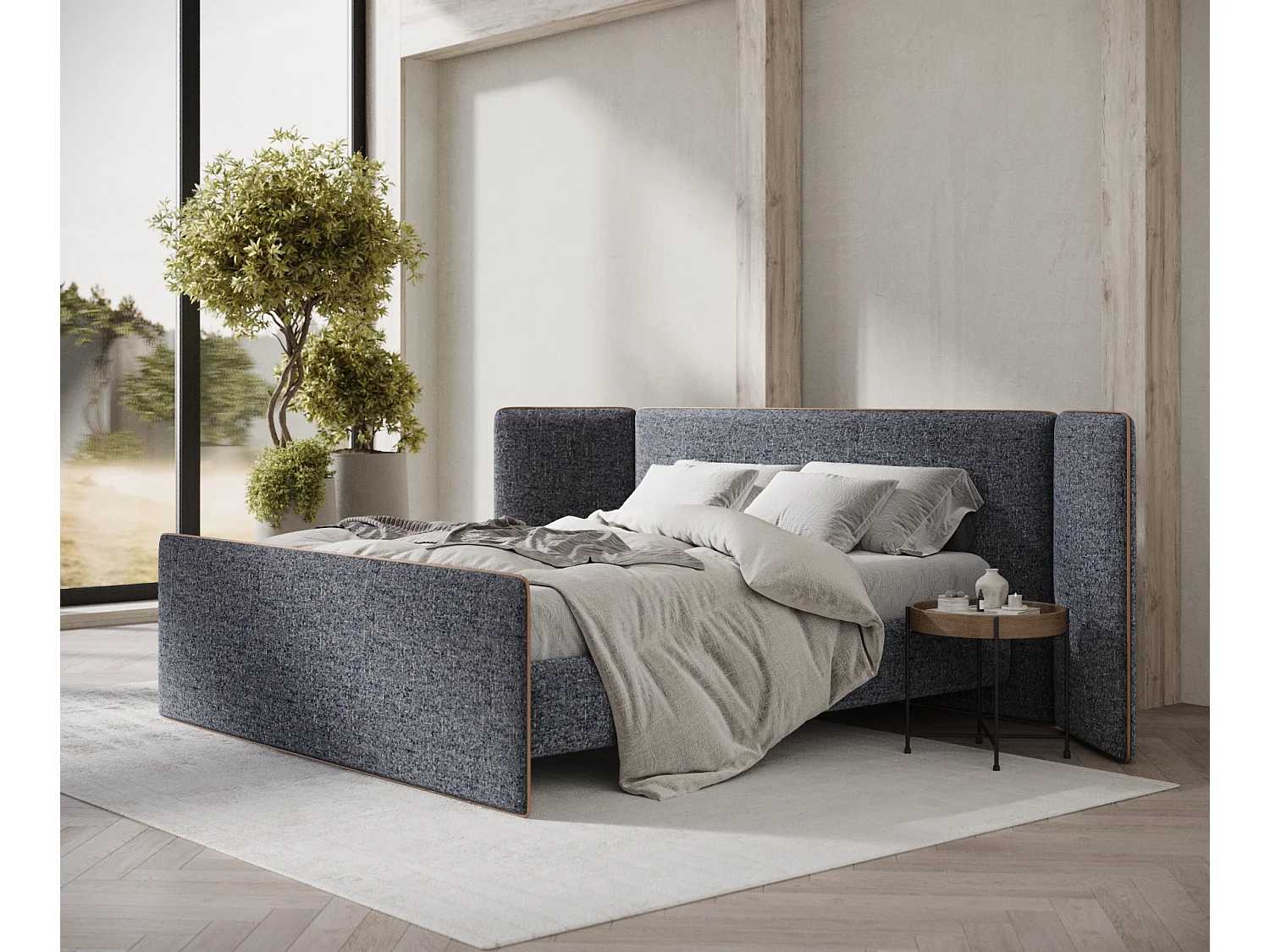 Lit coffre Tokyo - 140 x 200 cm - toile tissée - bleu marine