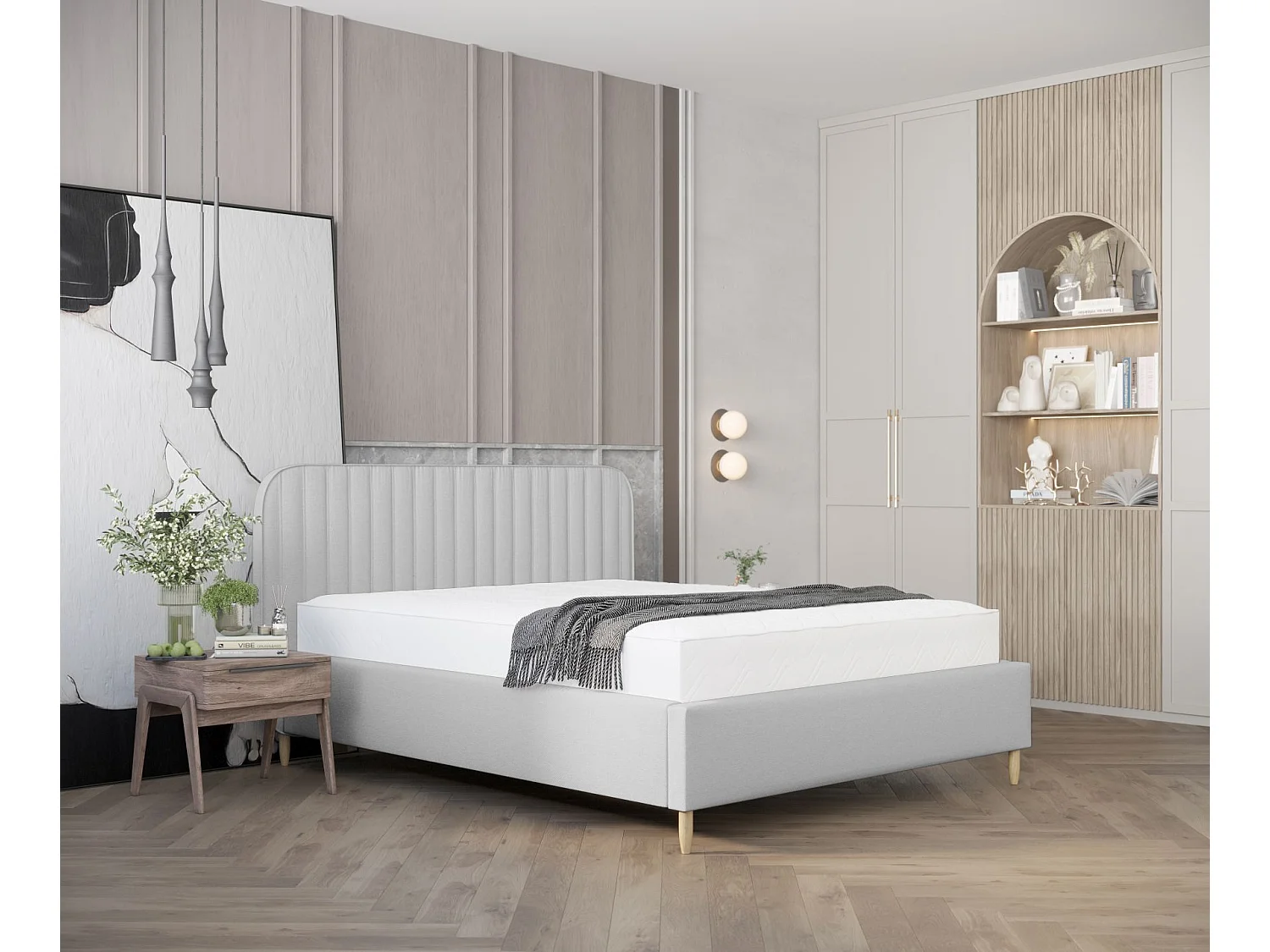 Lit coffre Noto - 140 x 200 cm - toile tissée - gris clair