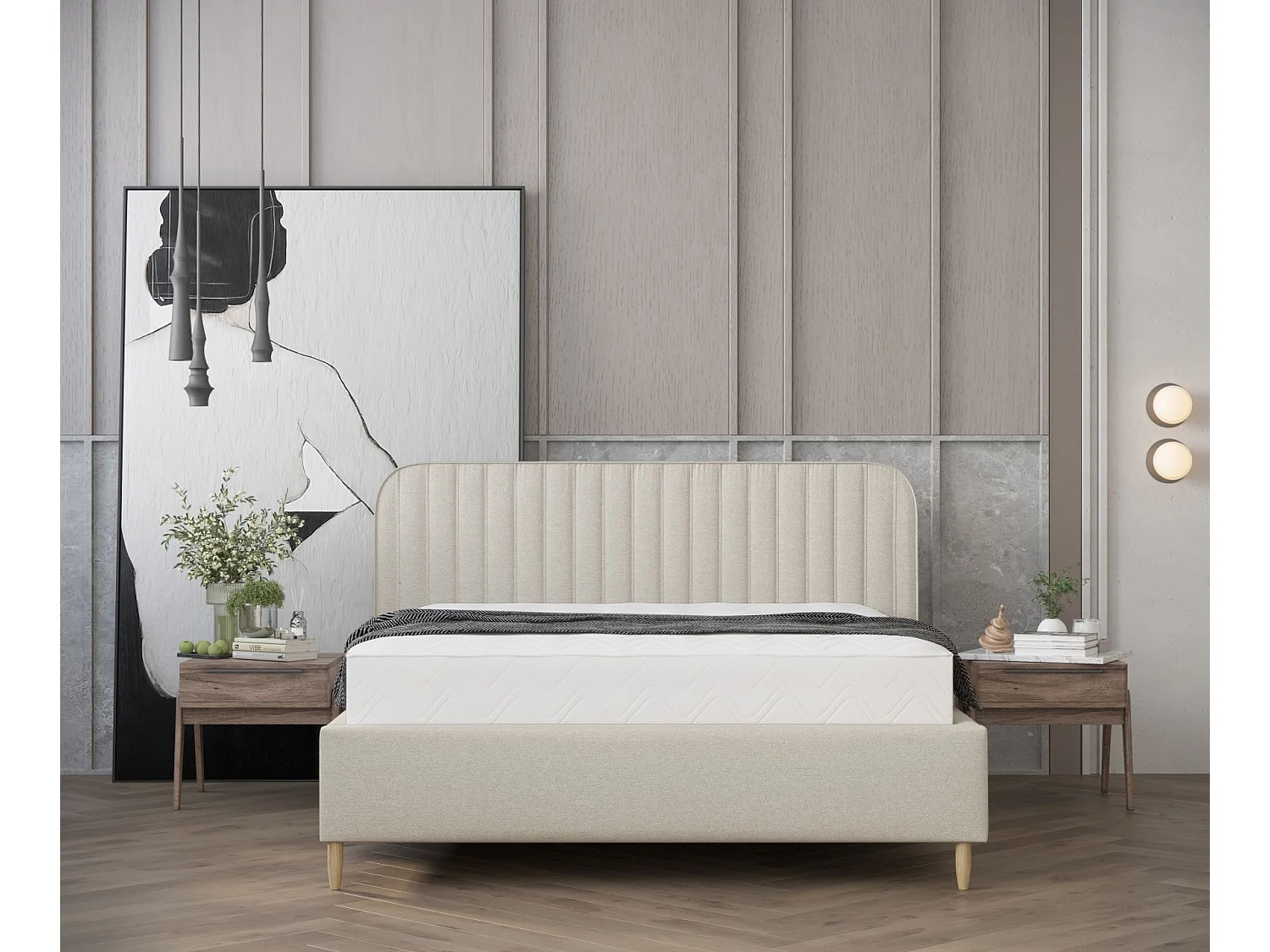 Lit coffre Noto - 140 x 200 cm - toile tissée - beige