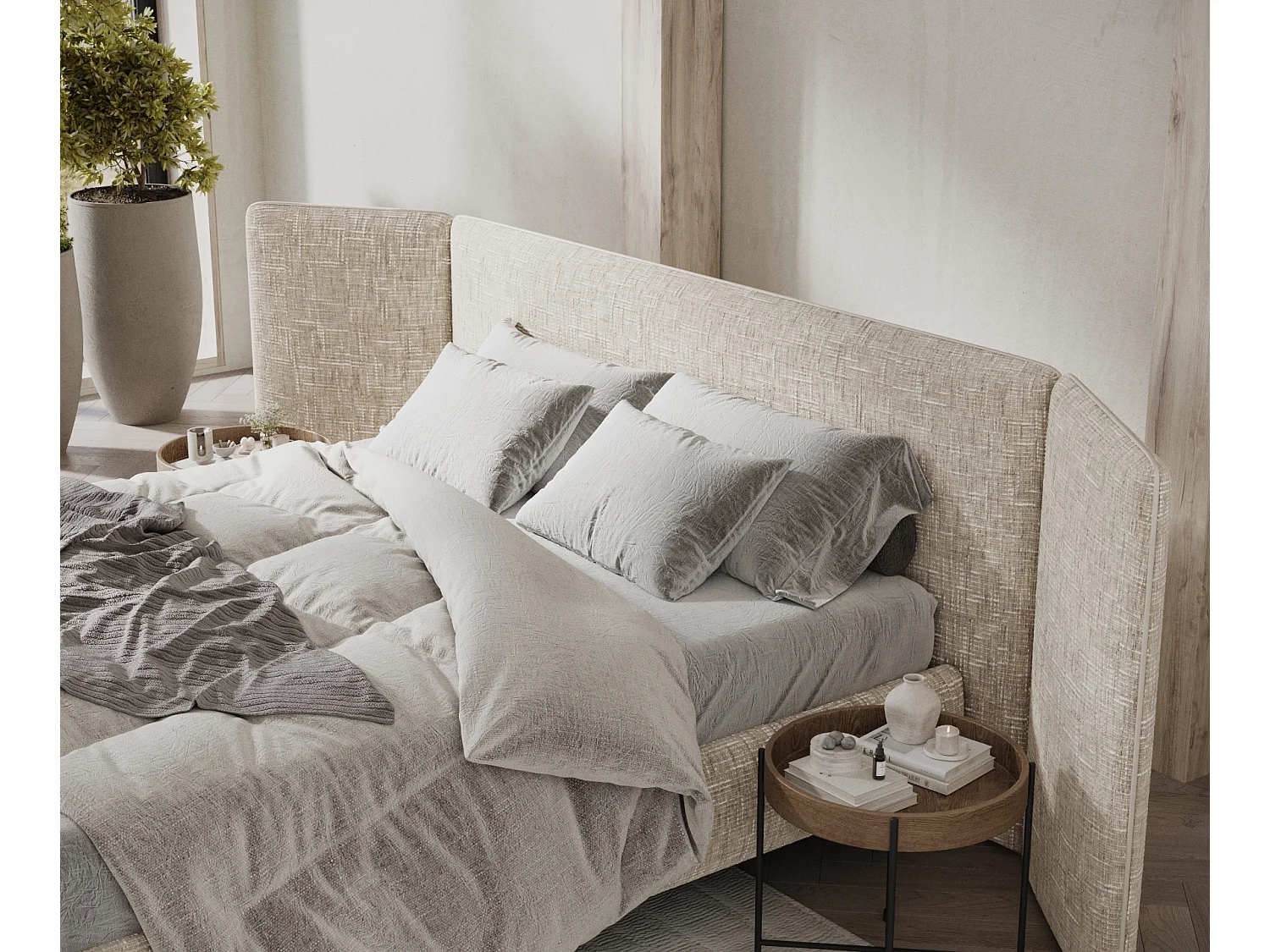 Lit coffre Tokyo - 160 x 200 cm - toile tissée - beige clair