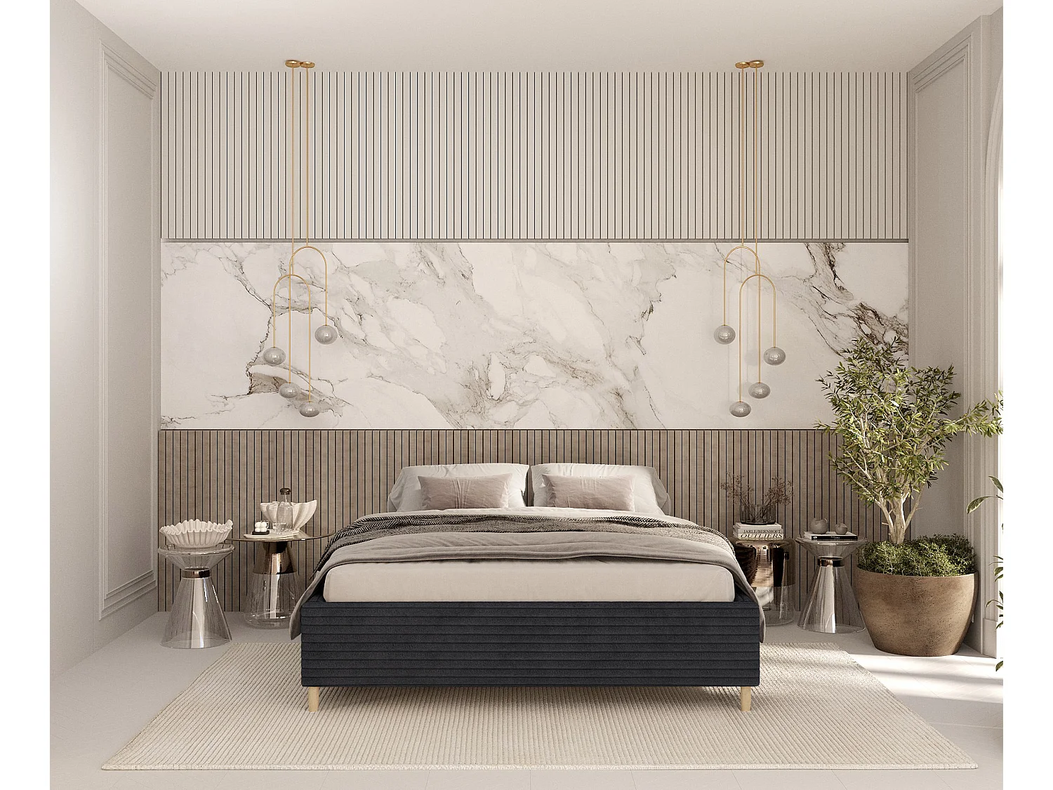 Polsterbett Larch - 140 x 200 cm - Samtstoff - schwarz