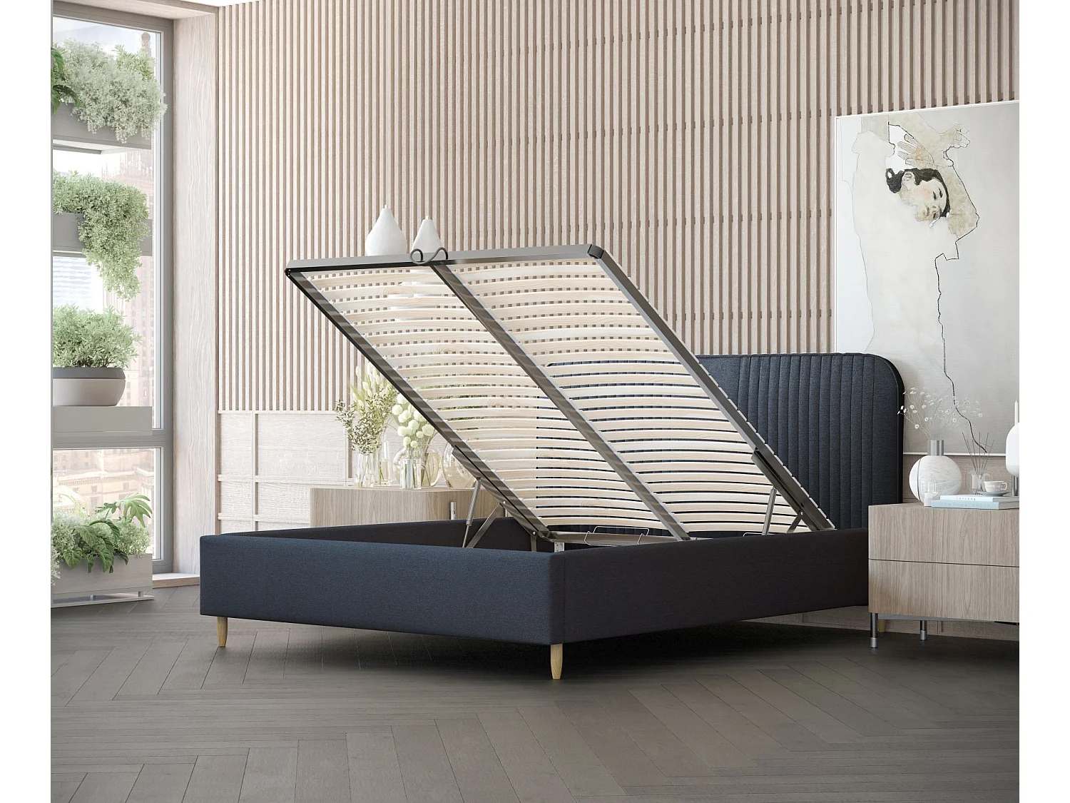 Lit coffre Livy - 160 x 200 cm - toile tissée - bleu marine