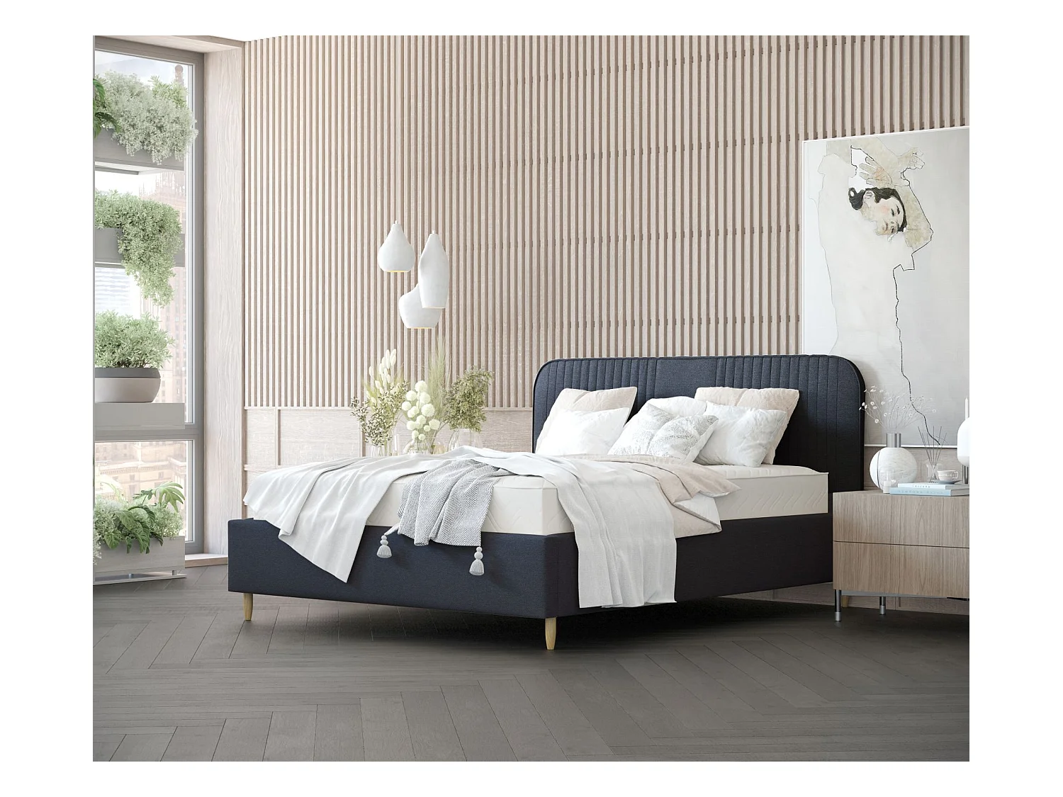 Lit coffre Livy - 160 x 200 cm - toile tissée - bleu marine