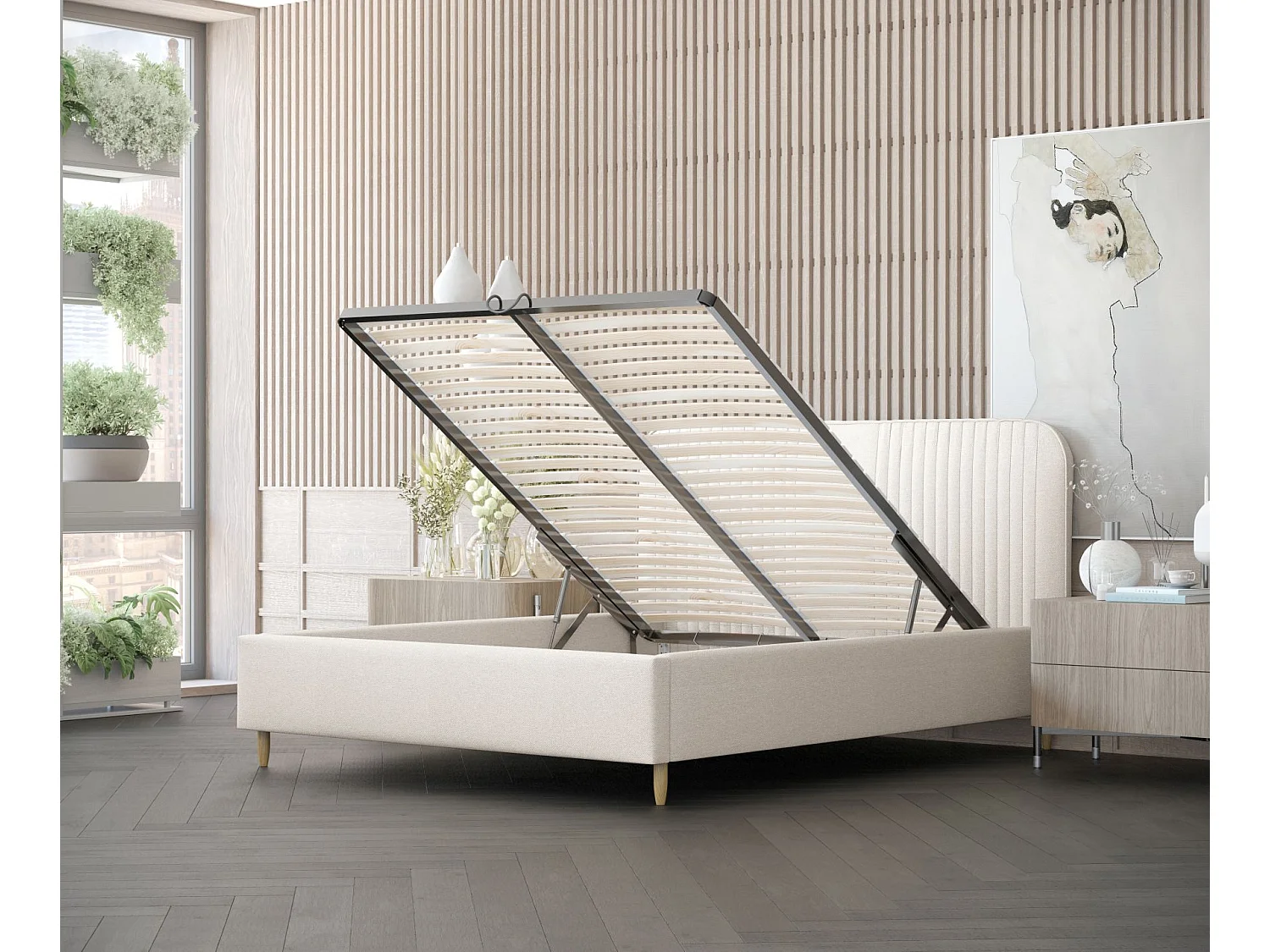 Lit coffre Livy - 120 x 200 cm - toile tissée - crème