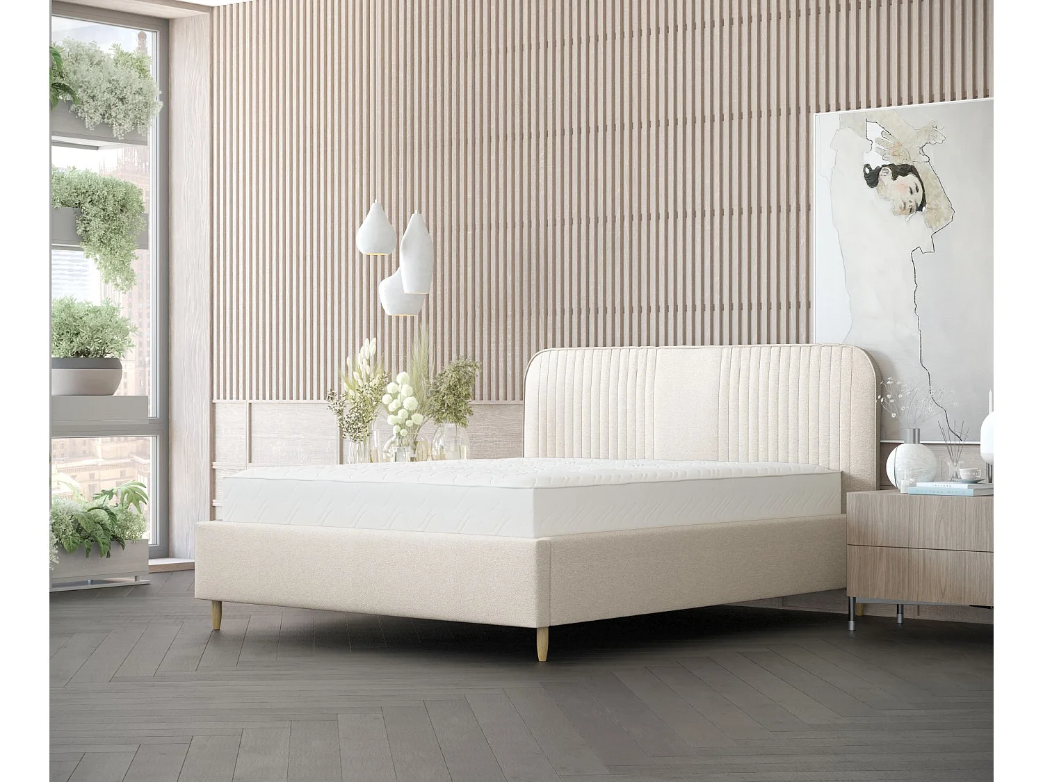 Lit coffre Livy - 120 x 200 cm - toile tissée - crème