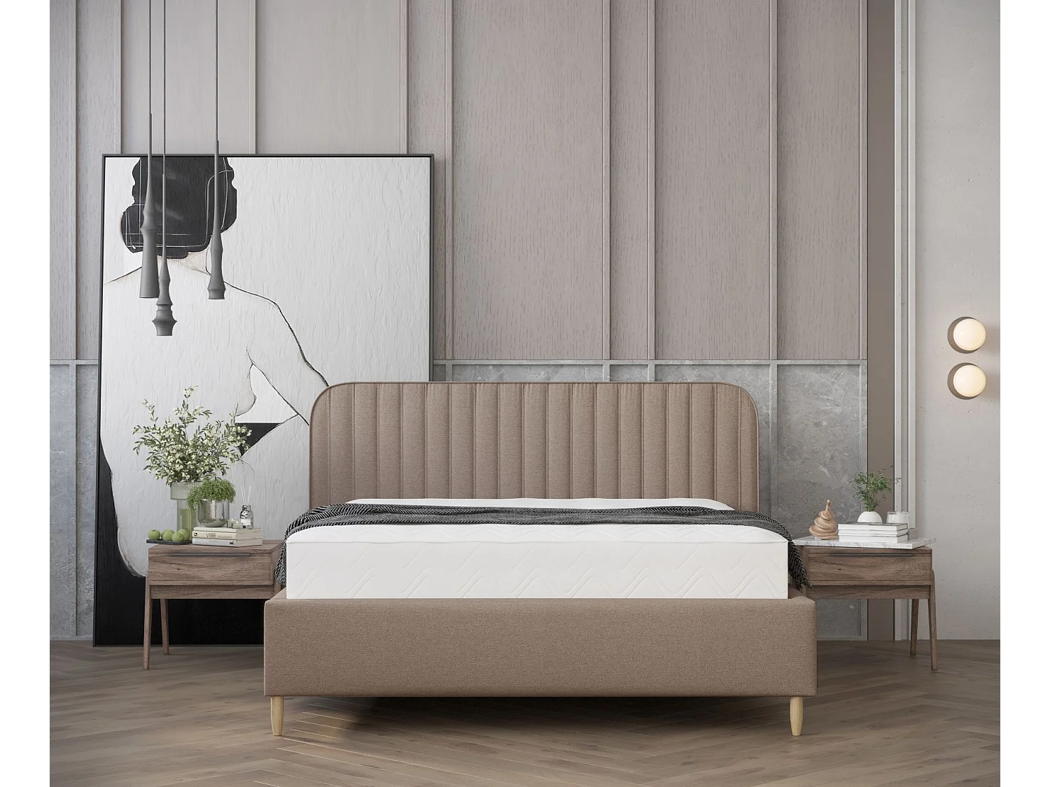 Lit coffre Noto - 140 x 200 cm - toile tissée - brun clair