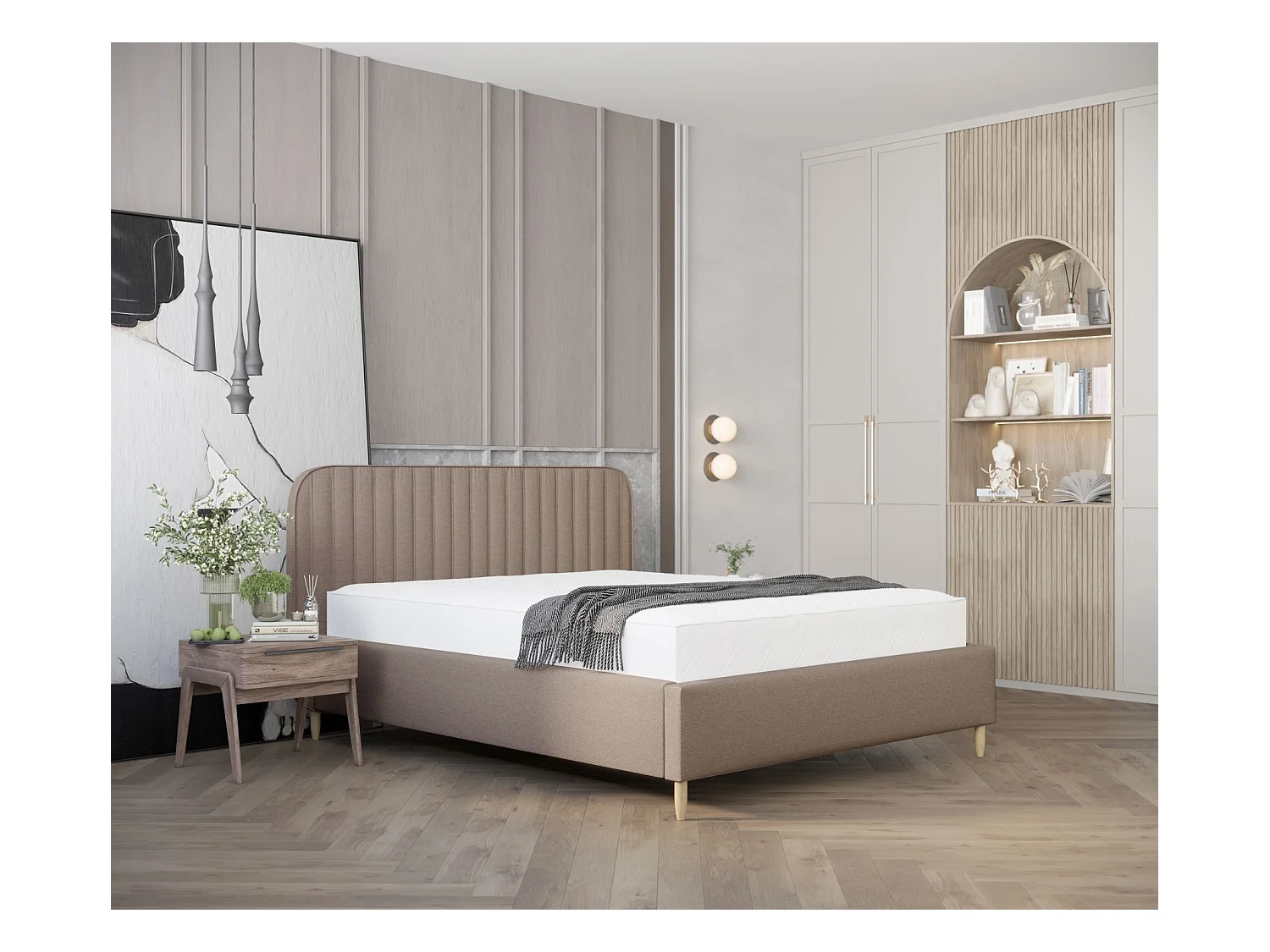 Lit coffre Noto - 140 x 200 cm - toile tissée - brun clair