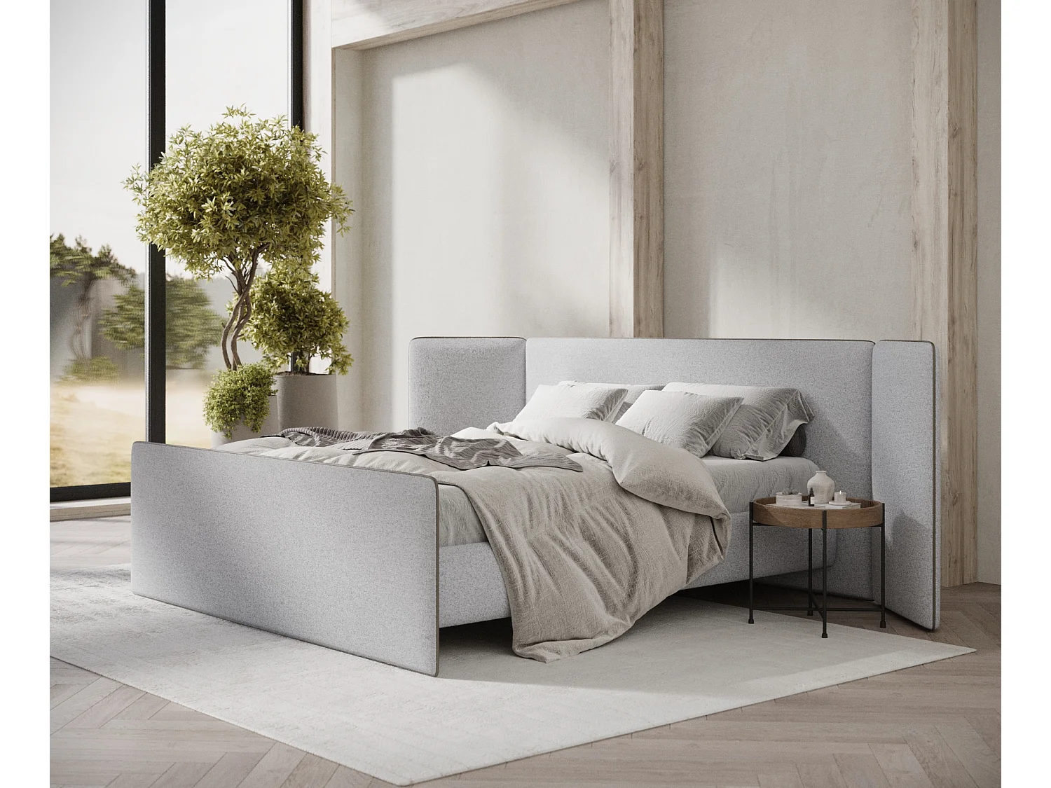 Lit coffre Tokyo - 180 x 200 cm - toile tissée - gris clair