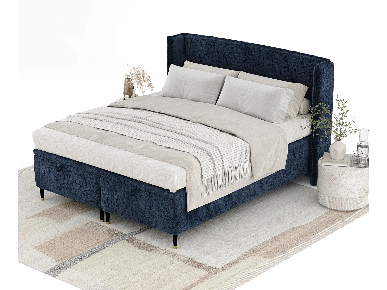 Lit coffre en tissu chenille Ritual - 200 x 200 cm - bleu marine