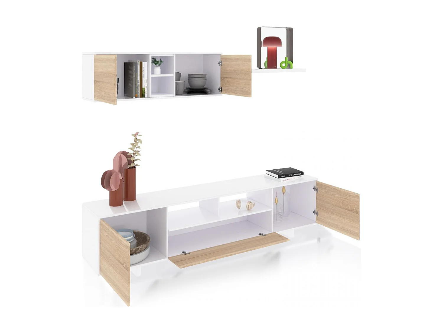 Salón con mueble de TV y estantería en blanco brillo y roble canadian 200 cm Kenzo Blanco Brillo - Roble Canadian