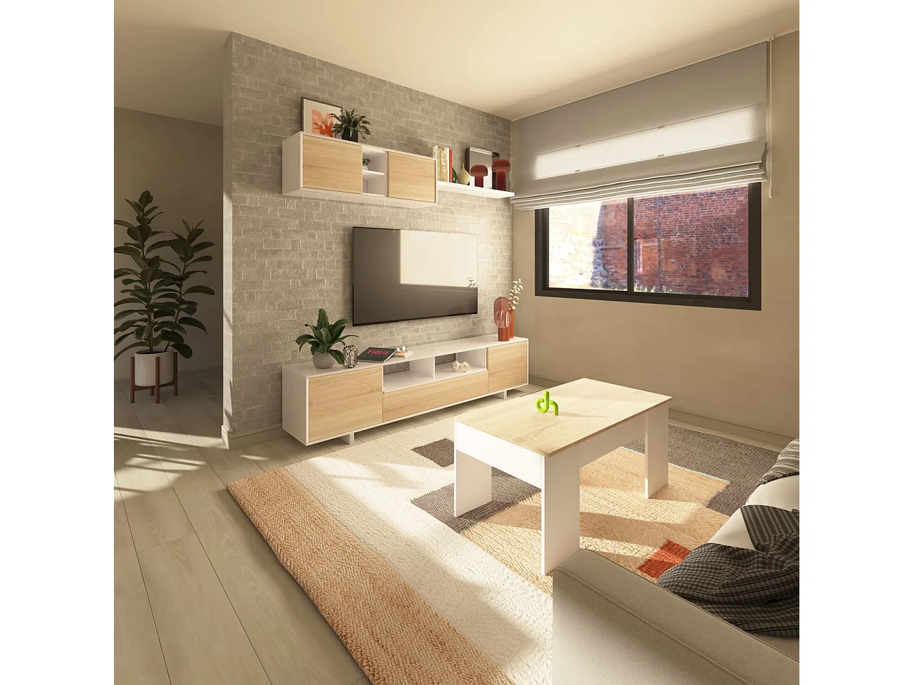 Salón con mueble de TV y estantería en blanco brillo y roble canadian 200 cm Kenzo Blanco Brillo - Roble Canadian