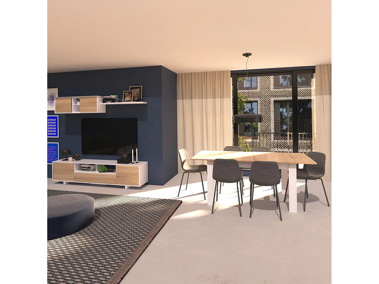 Salón con mueble de TV y estantería en blanco brillo y roble canadian 200 cm Kenzo Blanco Brillo - Roble Canadian