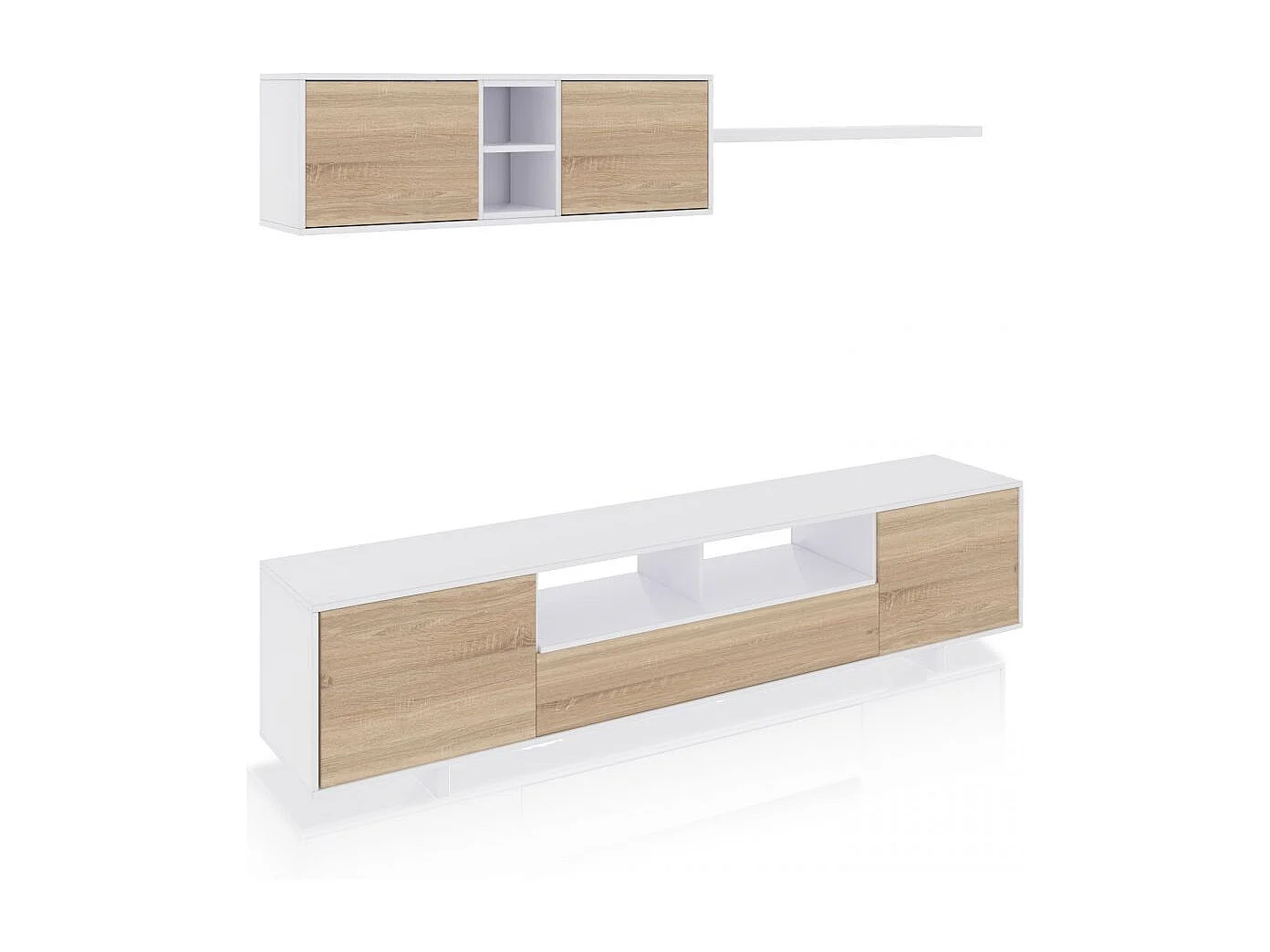 Salón con mueble de TV y estantería en blanco brillo y roble canadian 200 cm Kenzo Blanco Brillo - Roble Canadian