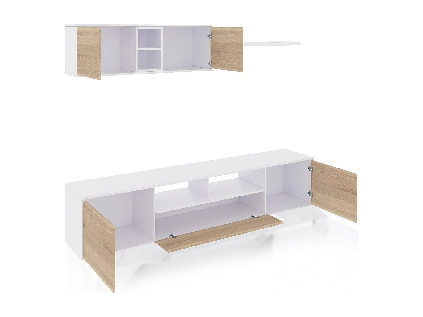 Salón con mueble de TV y estantería en blanco brillo y roble canadian 200 cm Kenzo Blanco Brillo - Roble Canadian