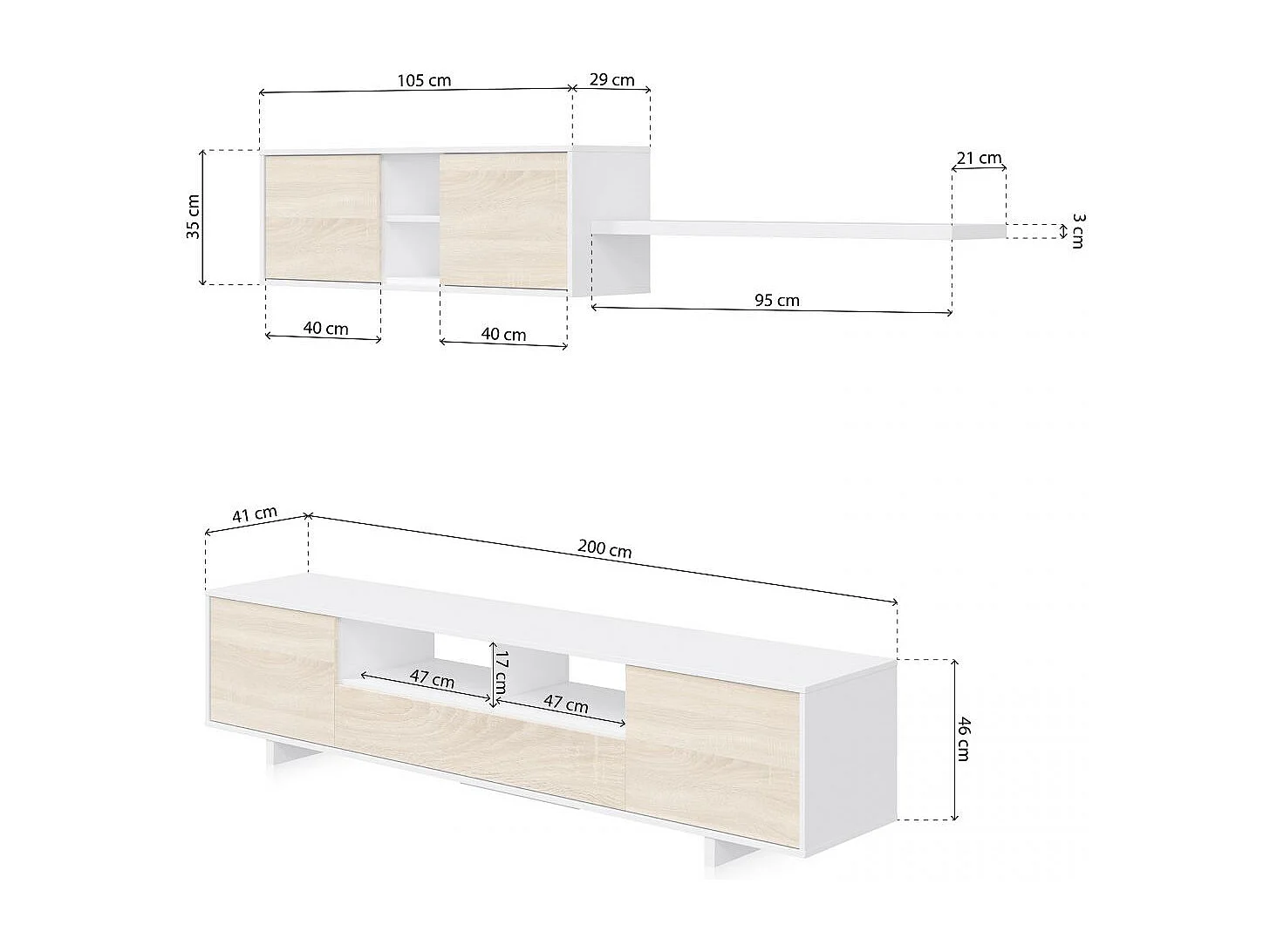 Salón con mueble de TV y estantería en blanco brillo y roble canadian 200 cm Kenzo Blanco Brillo - Roble Canadian