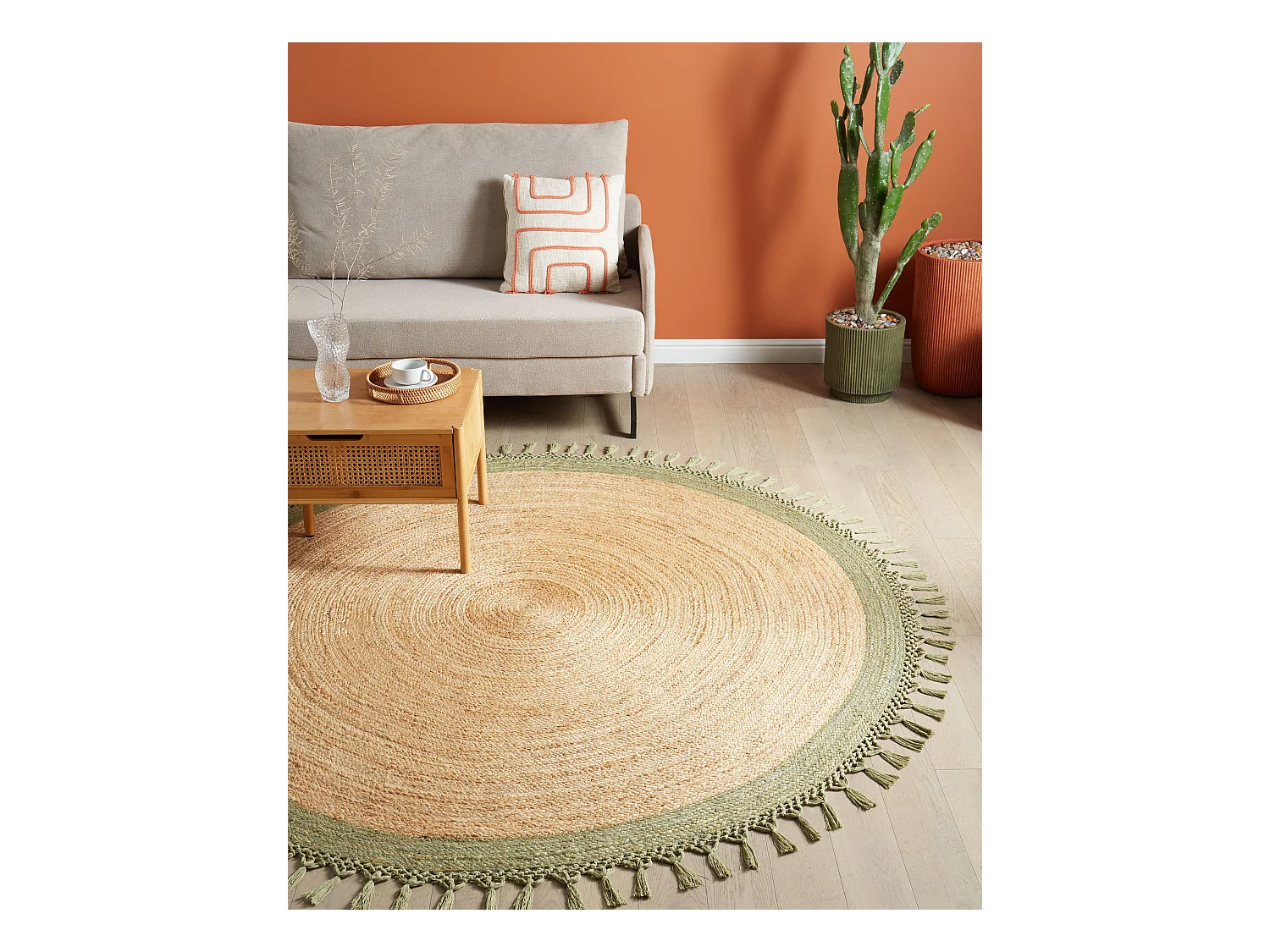 Dywan okrągły z juty ⌀ 200 cm beżowy z zielonym MARTS