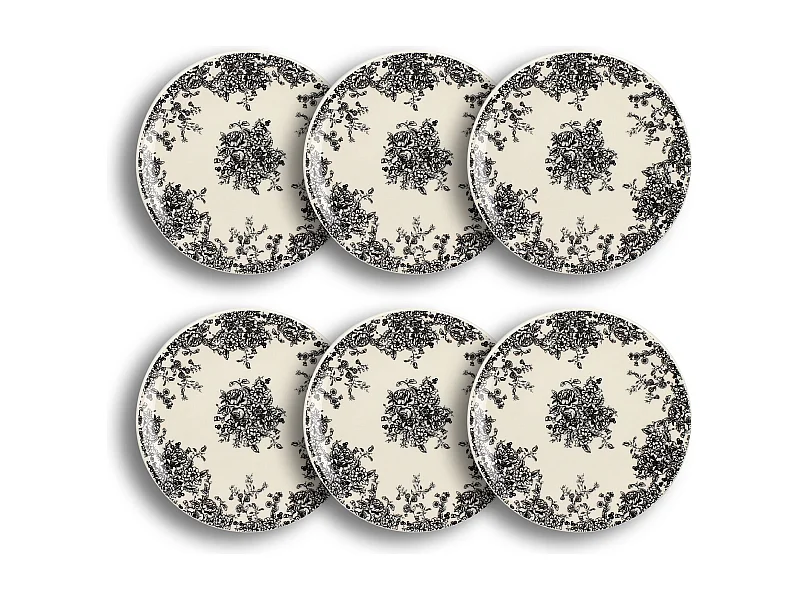 Novastyl - Lot6 Assiettes A Dessert Florali 19.5cm En Gres Decor Noir