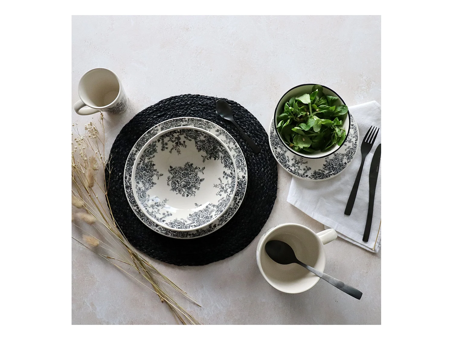 Novastyl - Lot6 Assiettes A Dessert Florali 19.5cm En Gres Decor Noir