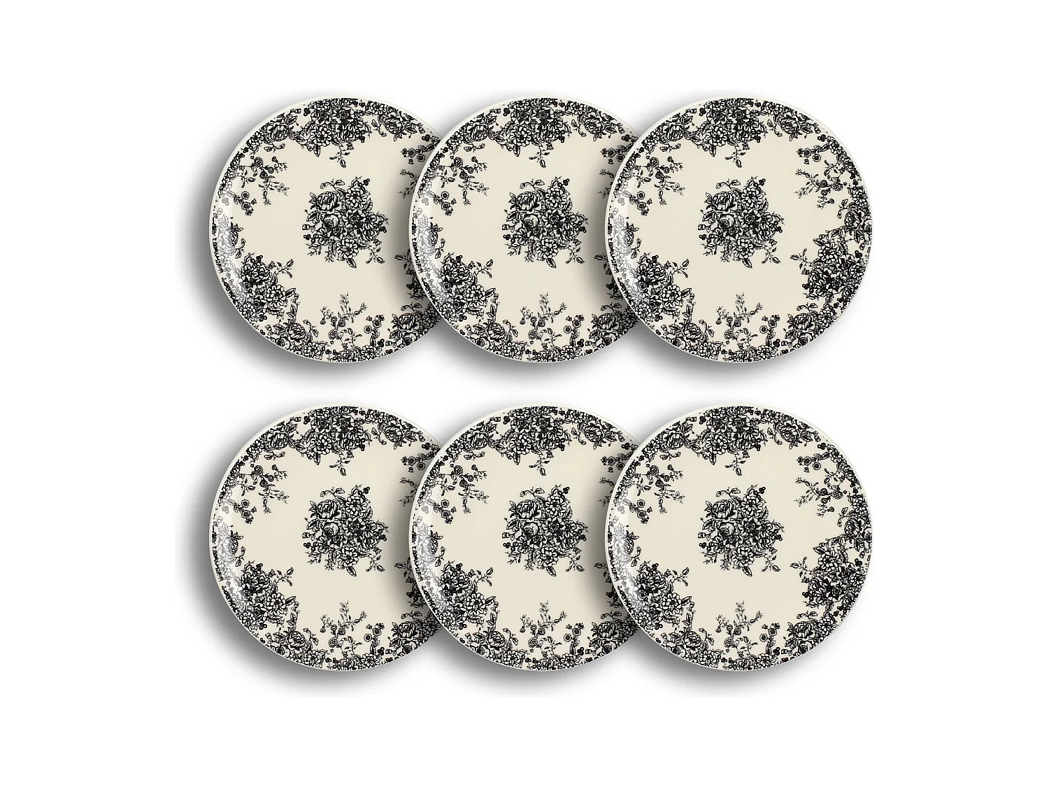 Novastyl - Lot6 Assiettes A Dessert Florali 19.5cm En Gres Decor Noir