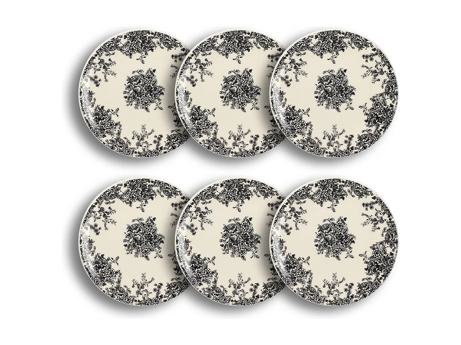 Novastyl - Lot6 Assiettes A Dessert Florali 19.5cm En Gres Decor Noir