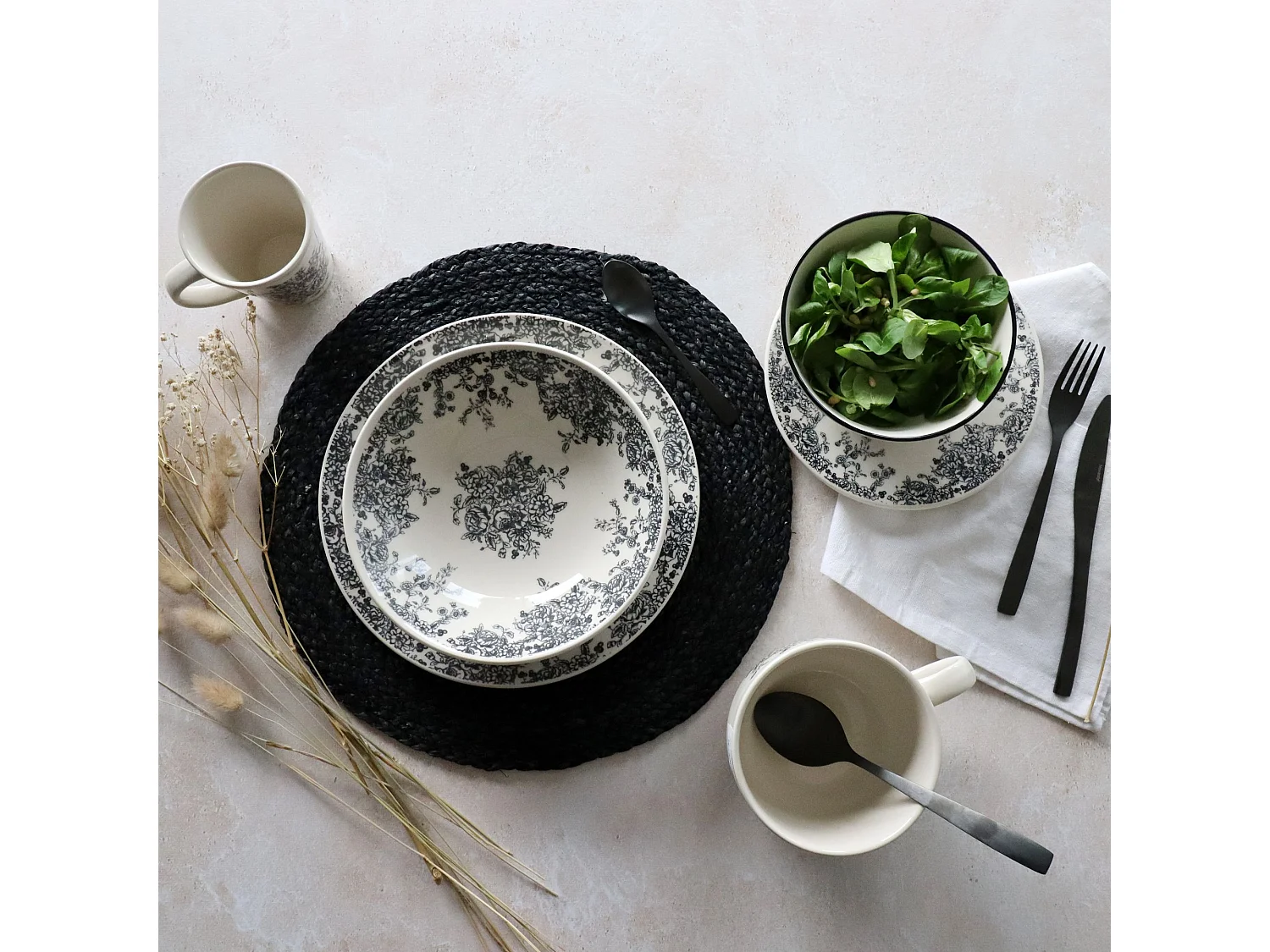 Novastyl - Lot6 Assiettes A Dessert Florali 19.5cm En Gres Decor Noir