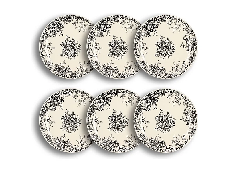 Novastyl - Lot 6 Assiettes Plates Florali 26cm En Gres Decor Noir