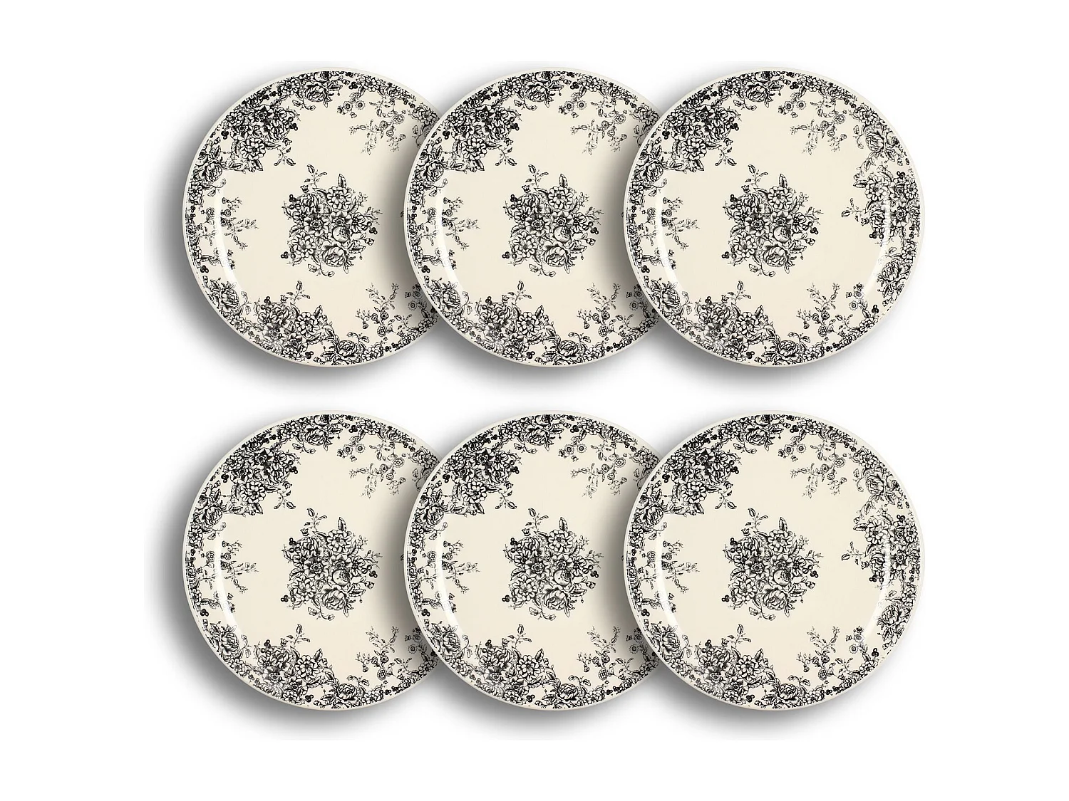 Novastyl - Lot 6 Assiettes Plates Florali 26cm En Gres Decor Noir