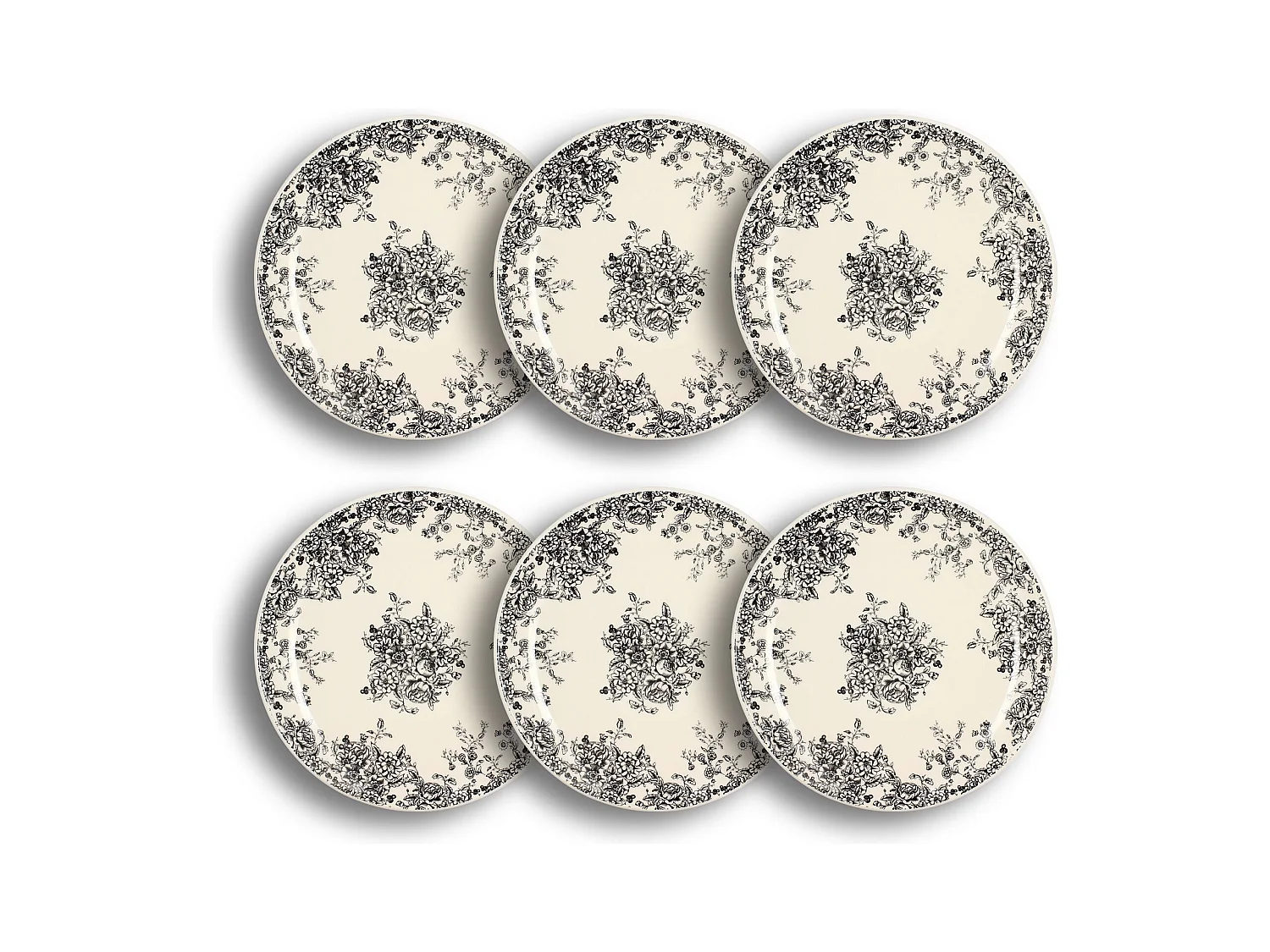 Novastyl - Lot 6 Assiettes Plates Florali 26cm En Gres Decor Noir