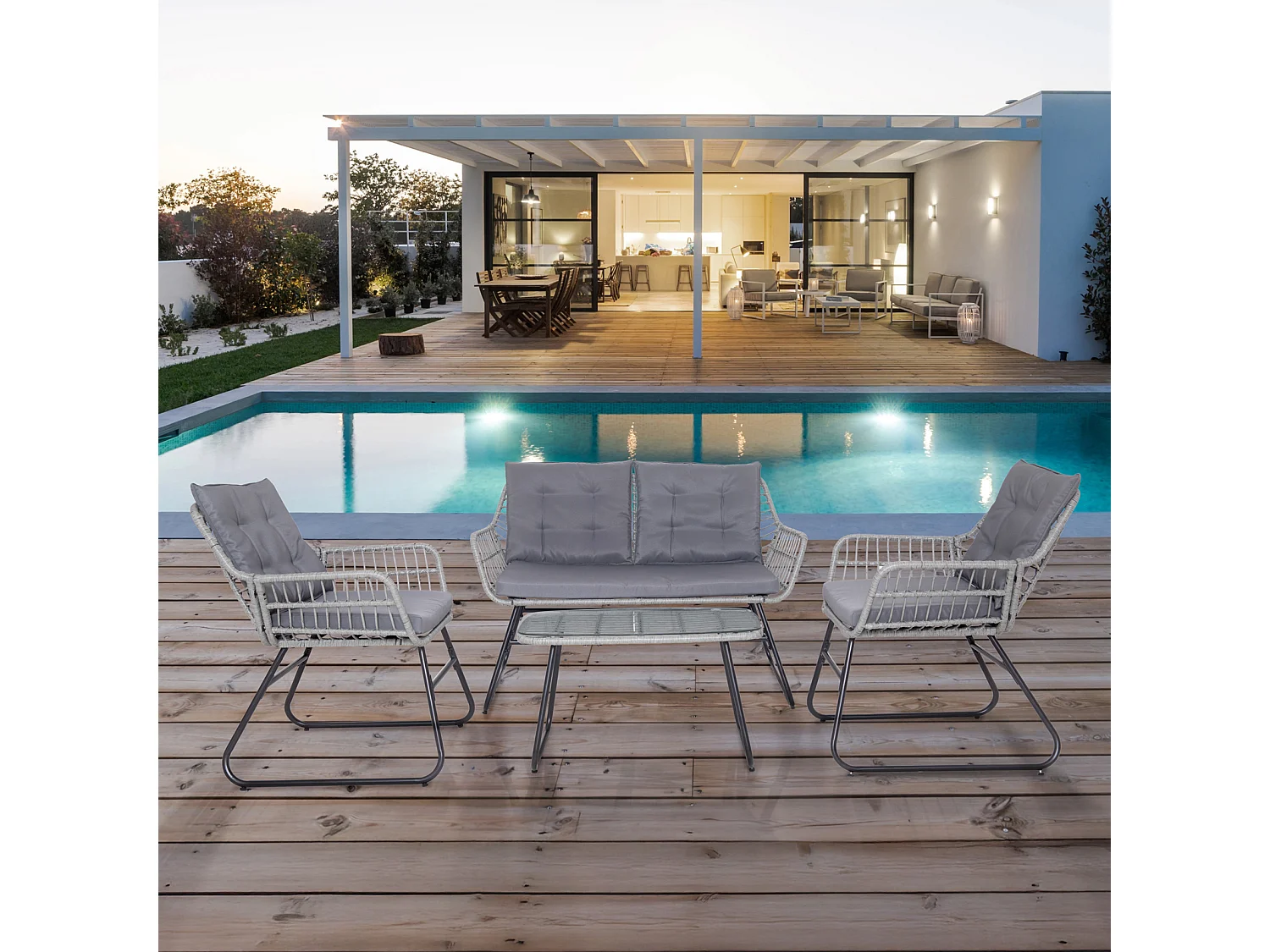 Ensemble de meubles de balcon SVITA CAPRI en polyrotin pour l'extérieur, 4 pièces Salon de jardin gris clair