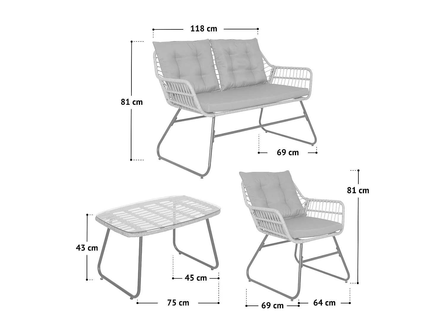 Ensemble de meubles de balcon SVITA CAPRI en polyrotin pour l'extérieur, 4 pièces Salon de jardin gris clair