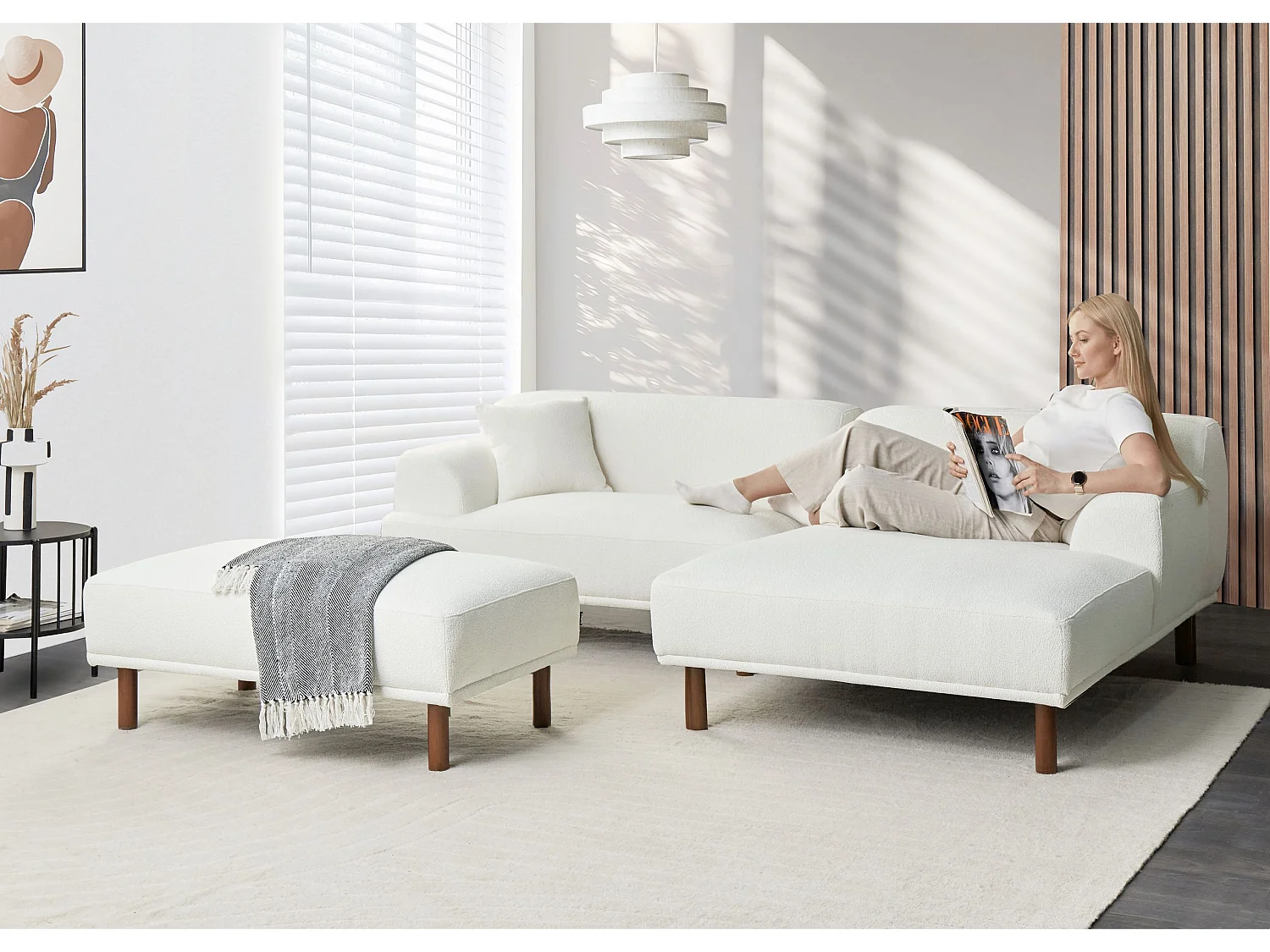 Ecksofa HOLT Bouclé Weiss mit Ottomane 3-Sitzer linksseitig