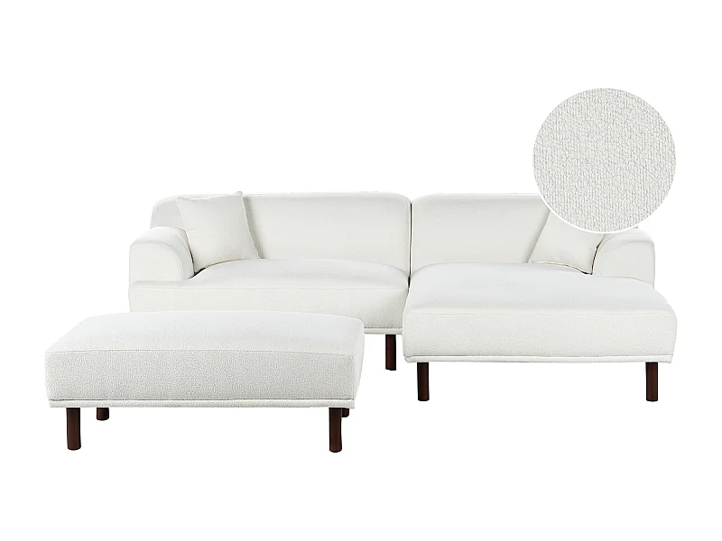 Canapé d'Angle à droite Minimaliste en Bouclé Forme de L avec Ottoman Pouf Blanc Holt