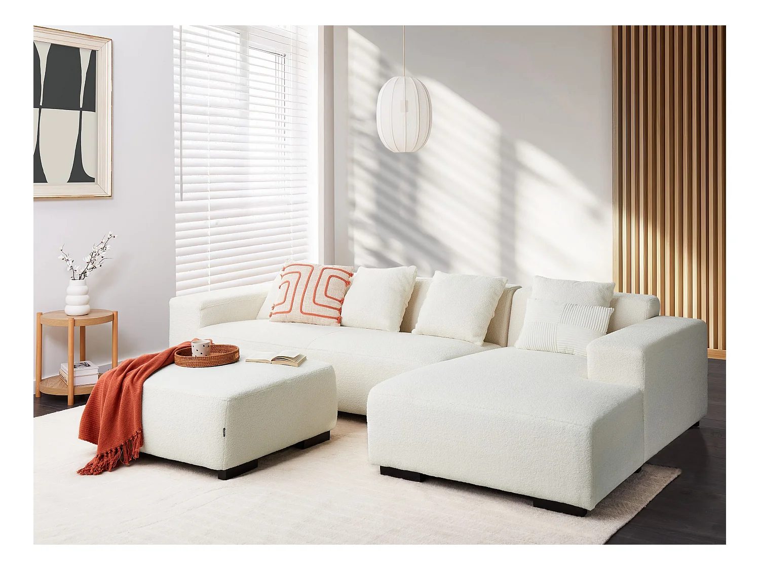 Canapé Angle Moderne à droite 4 Places avec Ottoman Forme de L Coussins Supplémentaires Bouclé Blanc Lungo