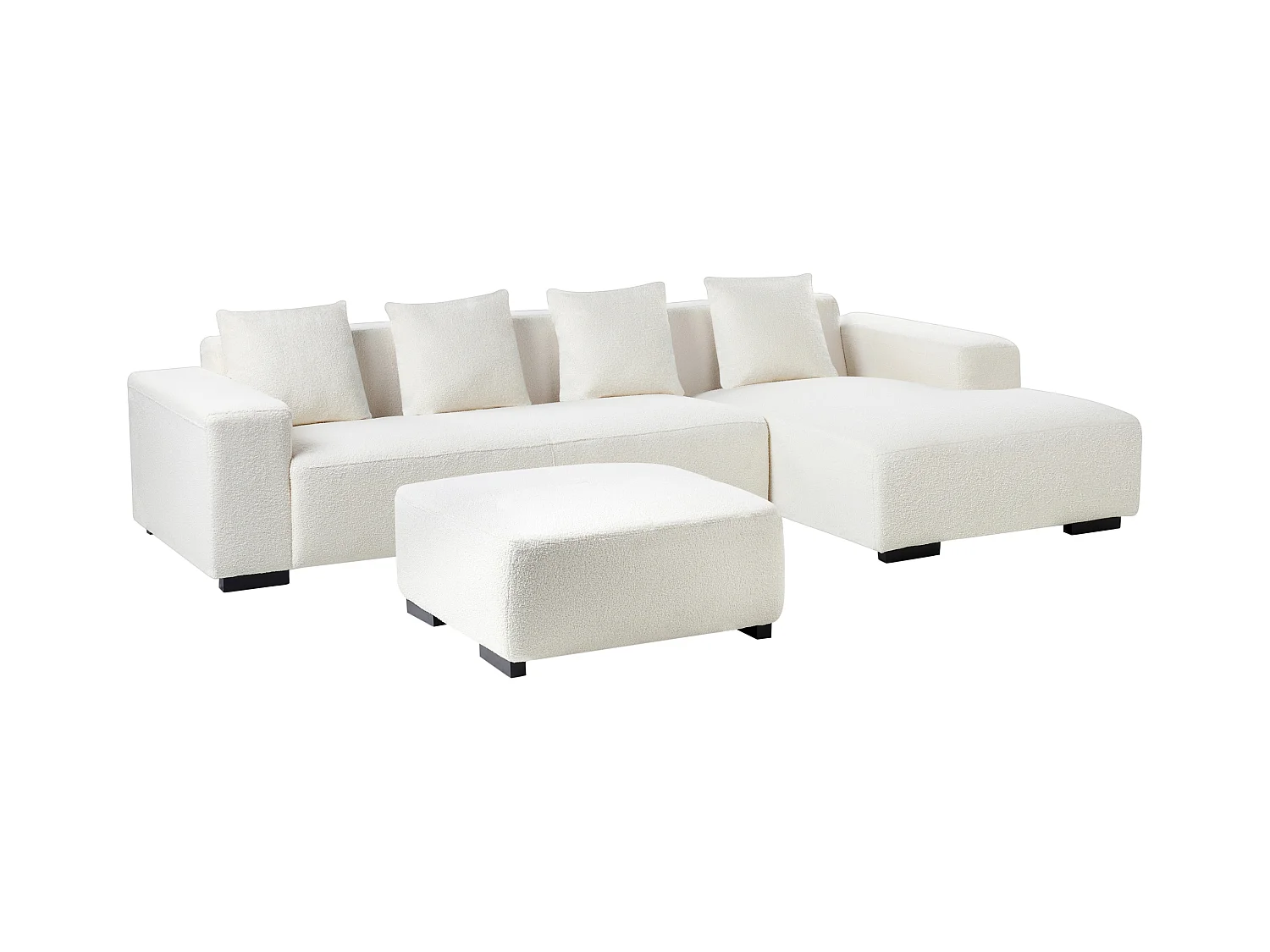 Canapé Angle Moderne à droite 4 Places avec Ottoman Forme de L Coussins Supplémentaires Bouclé Blanc Lungo