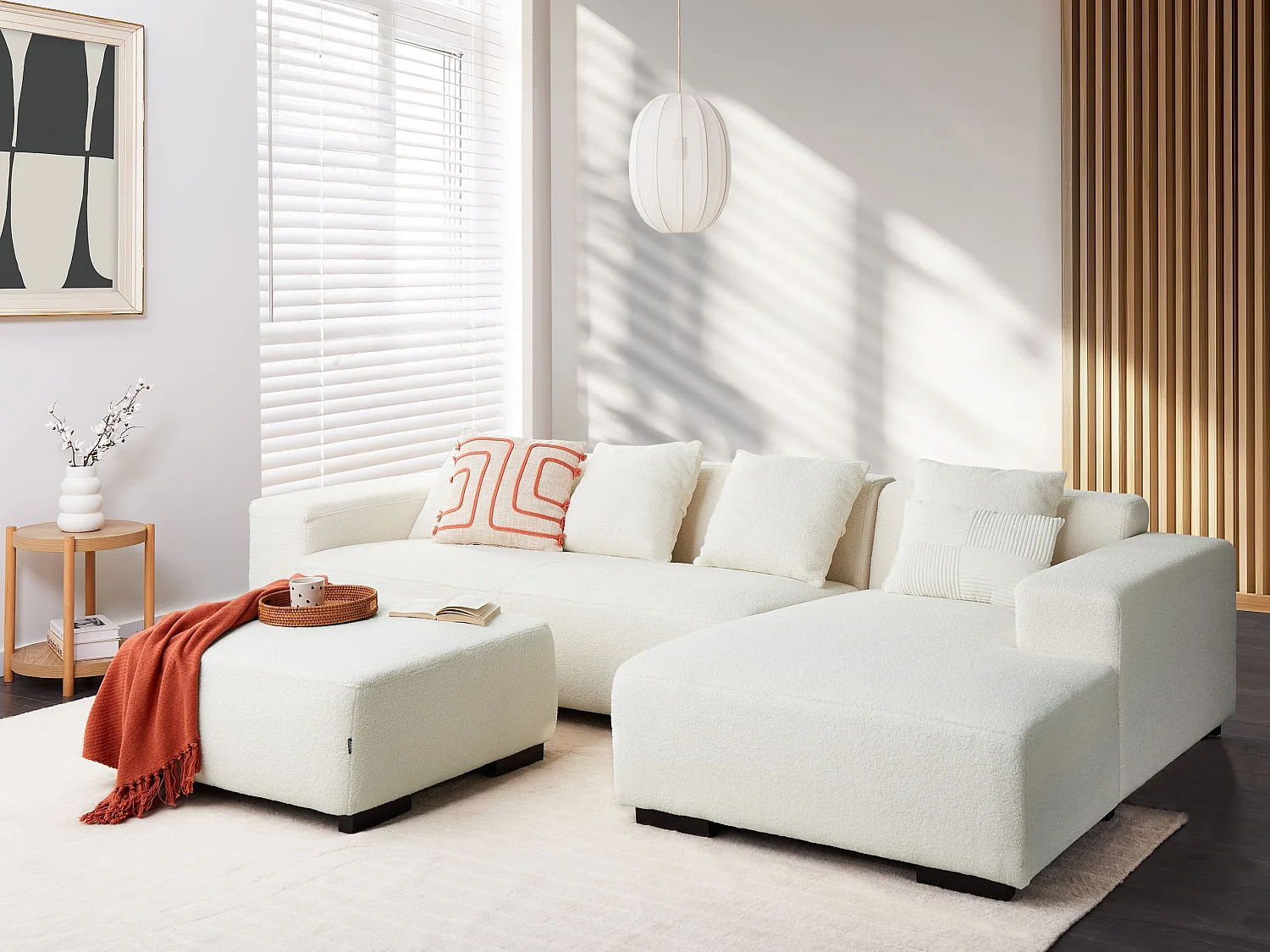 Canapé Angle Moderne à droite 4 Places avec Ottoman Forme de L Coussins Supplémentaires Bouclé Blanc Lungo