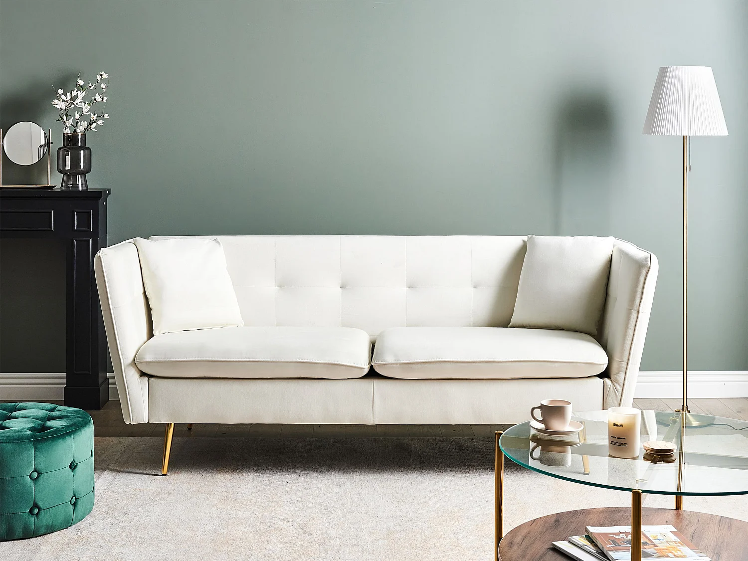 Sofa FREDERICA Samtstoff Cremeweiss 3-Sitzer