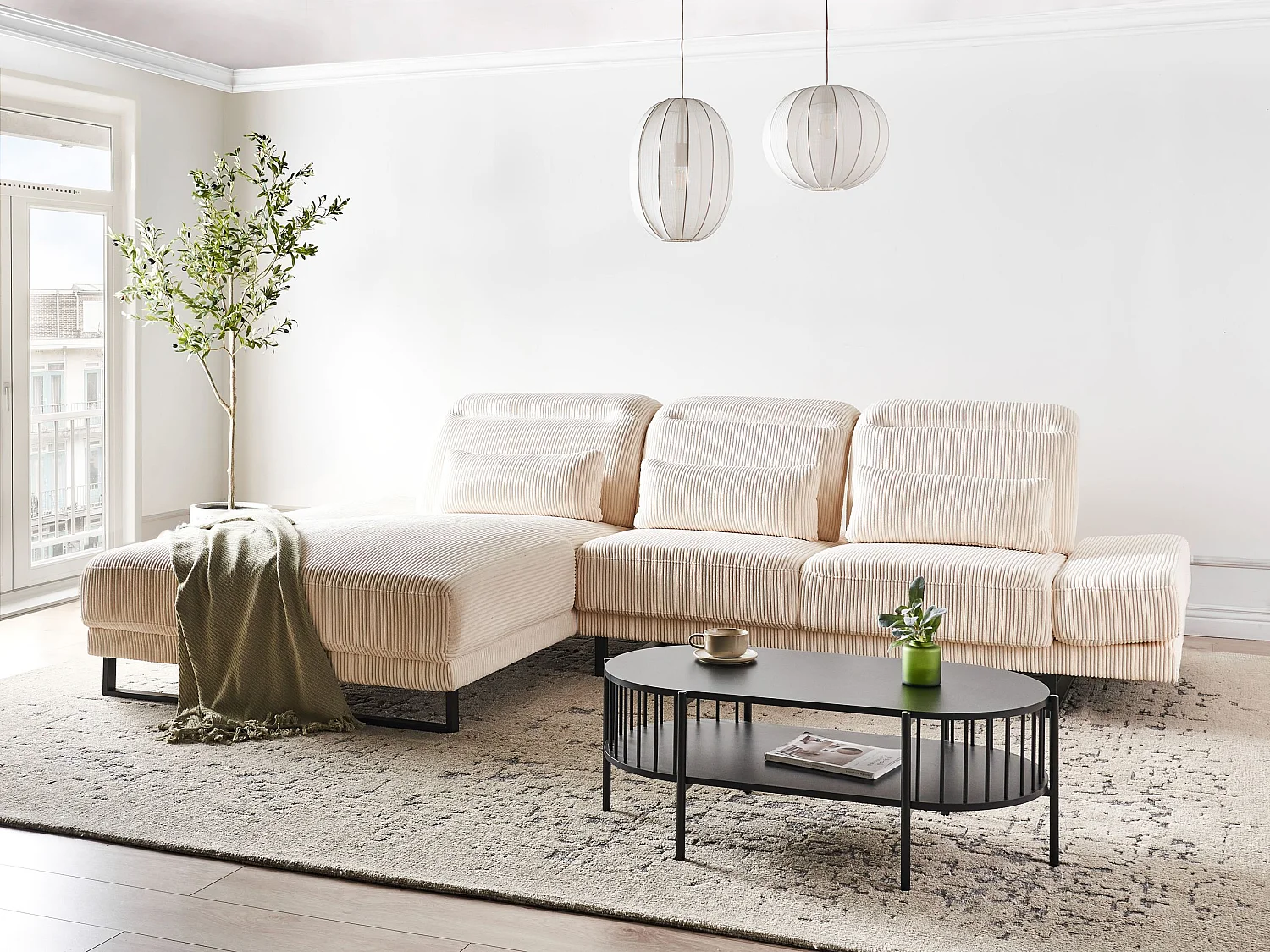 Canapé d'Angle à gauche en Velours Côtelé Rembourré Pieds en Acier Accoudoirs et Dossier Réglables Meuble de Salon Beige Ikast