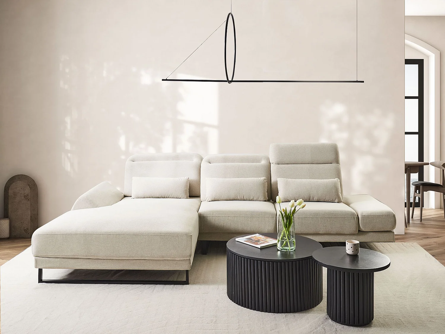 Sofá de canto IKAST Tecido Creme claro 4 lugares à direita