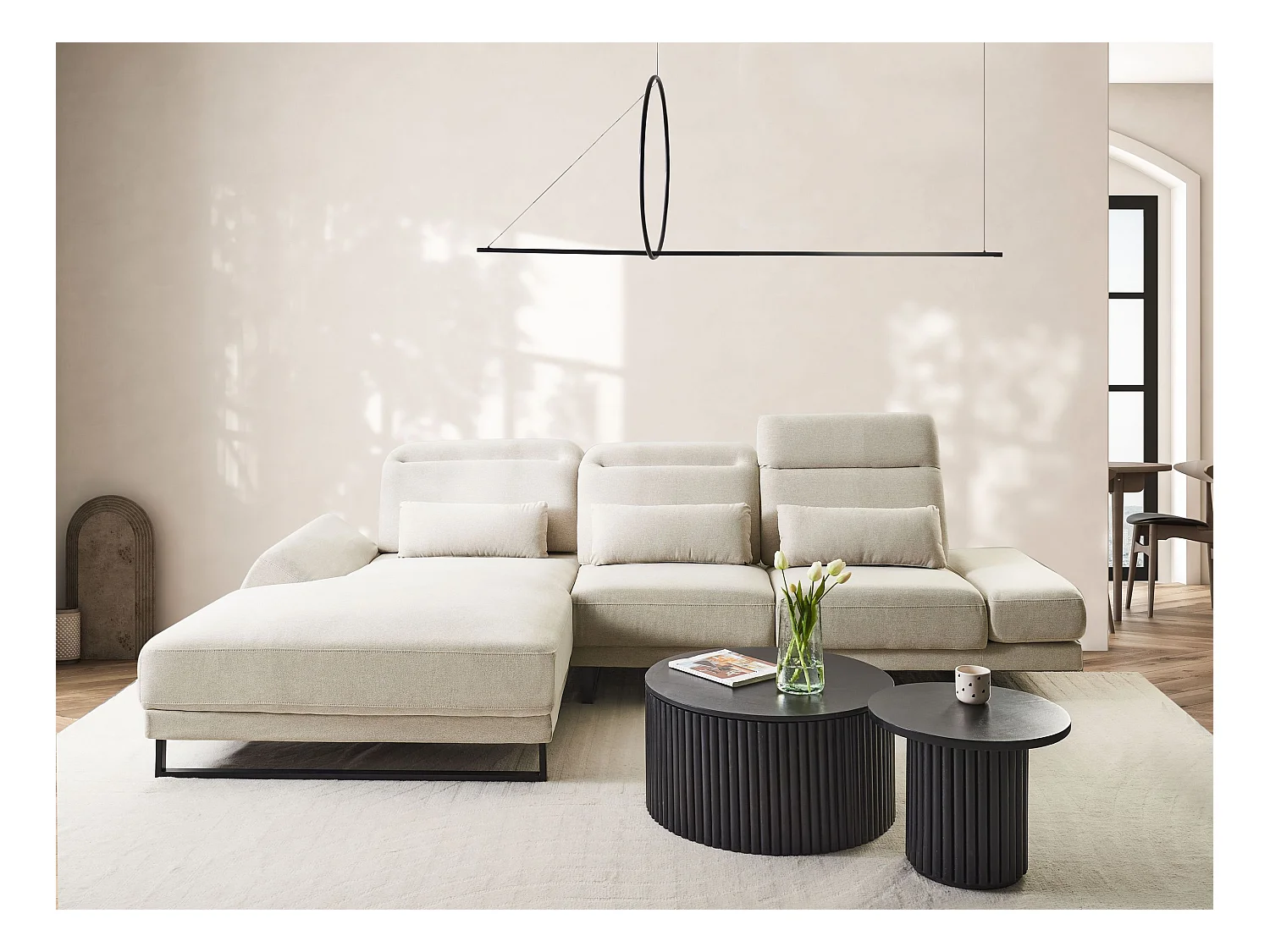 Canapé d'Angle à gauche Rembourré Meuble de Salon Pieds en Acier Accoudoirs et Dossier Réglables en Polyester Beige Clair Ikast
