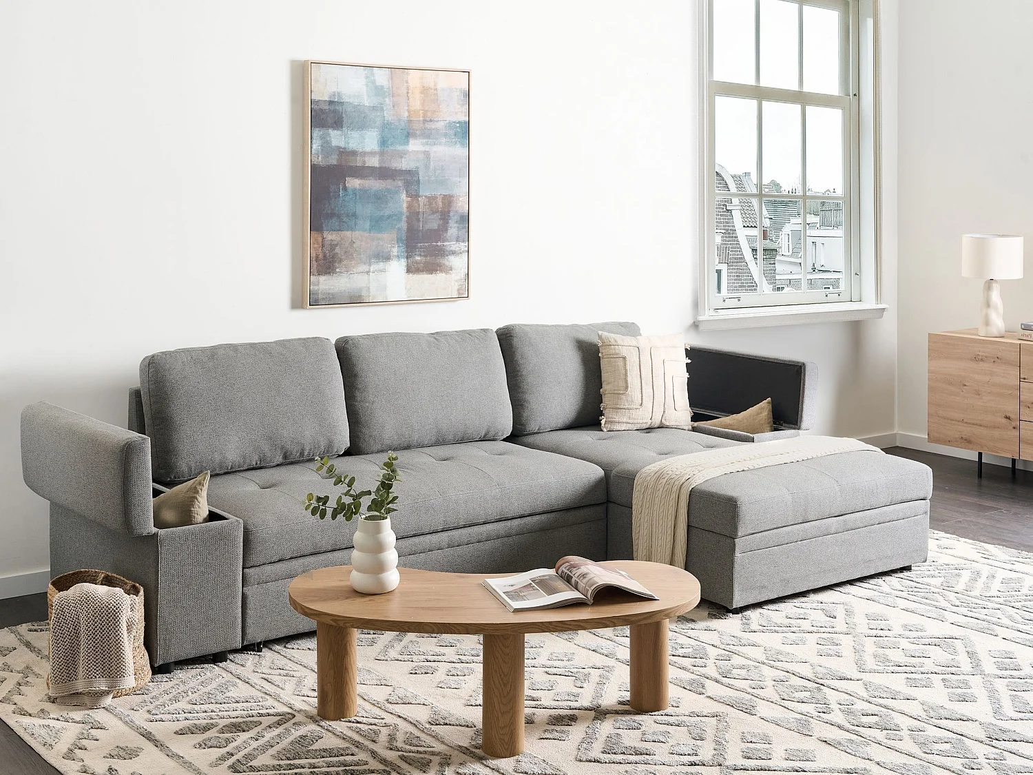 Sofá-cama de canto HRISEY Linho sintético Cinzento com arrumação 3 lugares à esquerda