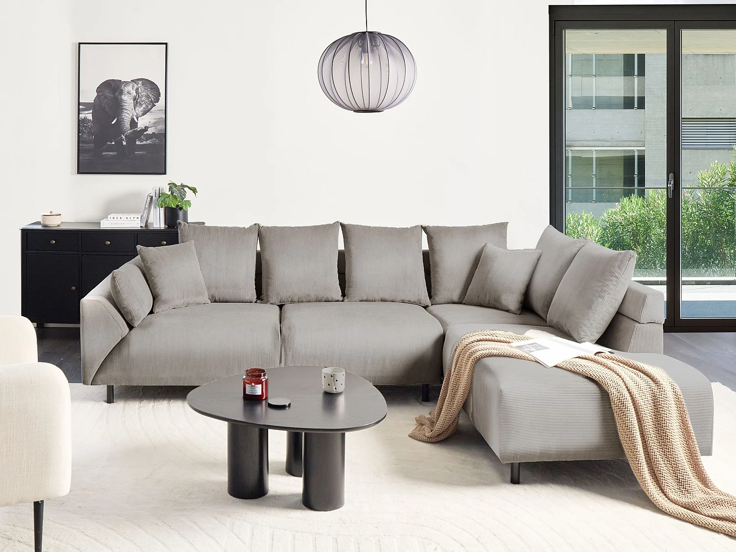 Canapé d'Angle à droite Moderne en Velours Côtelé Coussins en Tissu Pieds en Métal Gris Clair Lunner