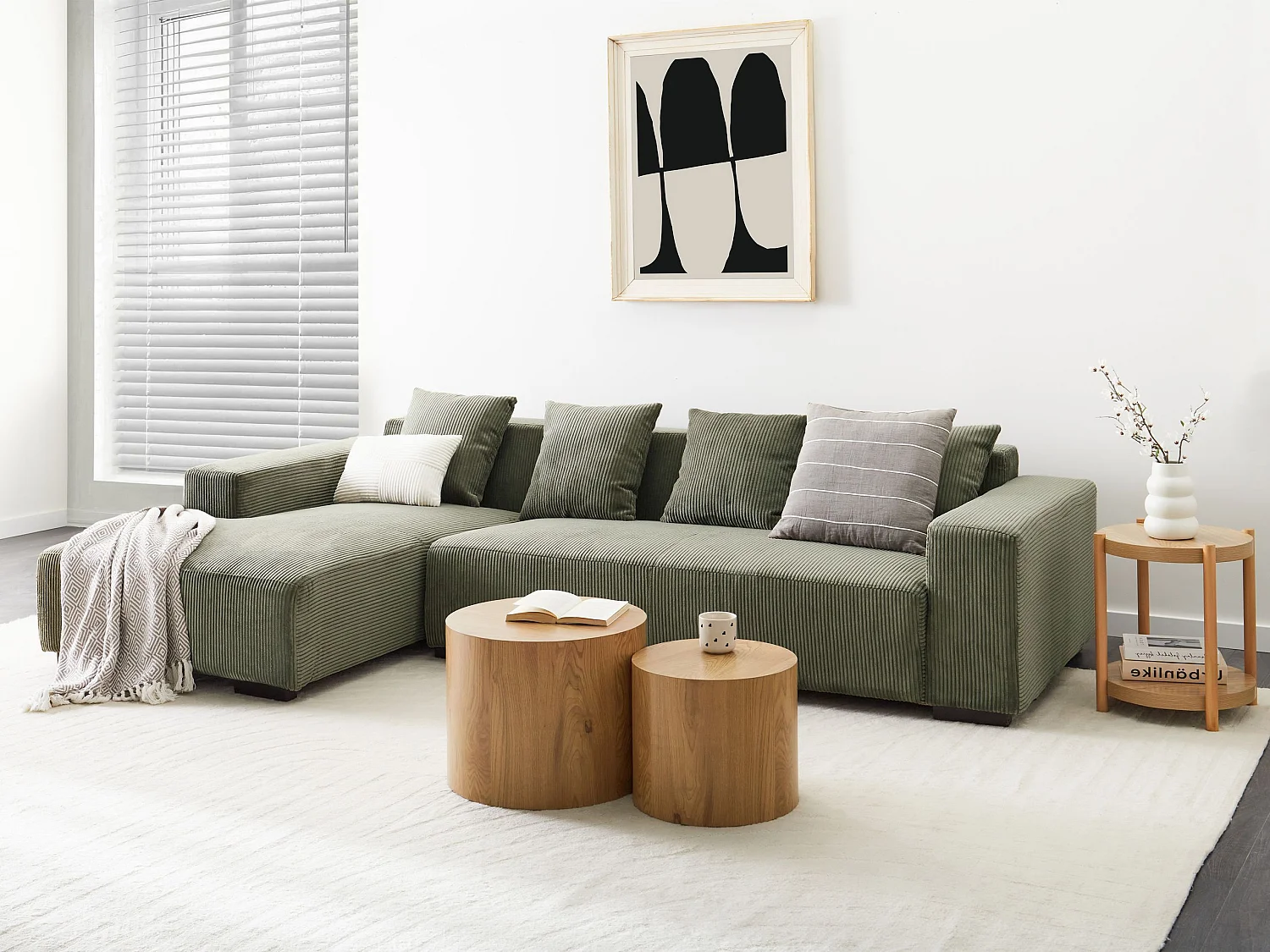 4-Sitzer Ecksofa L-Form Cord grün mit Chaiselongue rechts modern Lungo