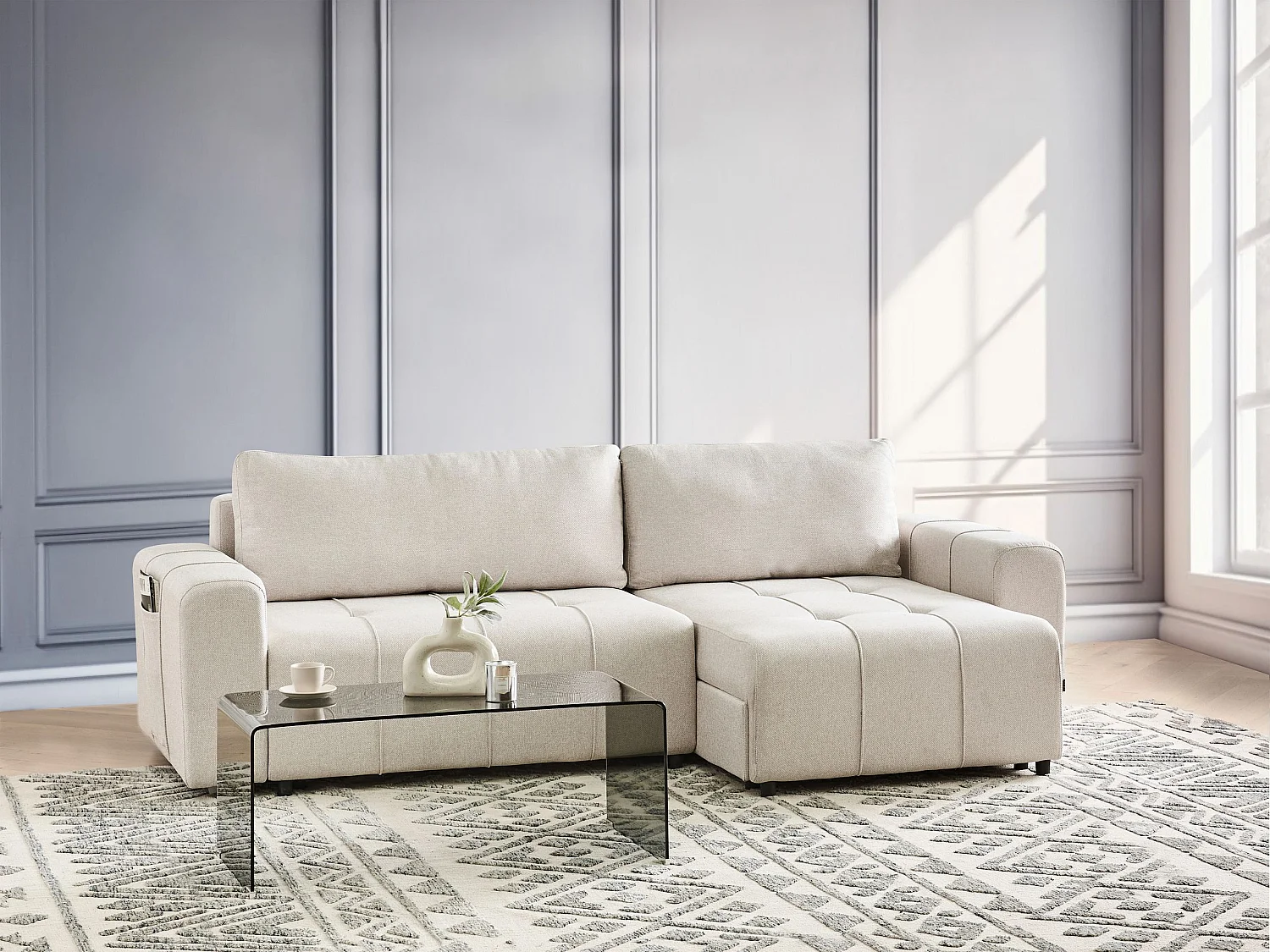 Canapé-lit d'angle 3 places INNVIK Tissu Beige clair Côté droite