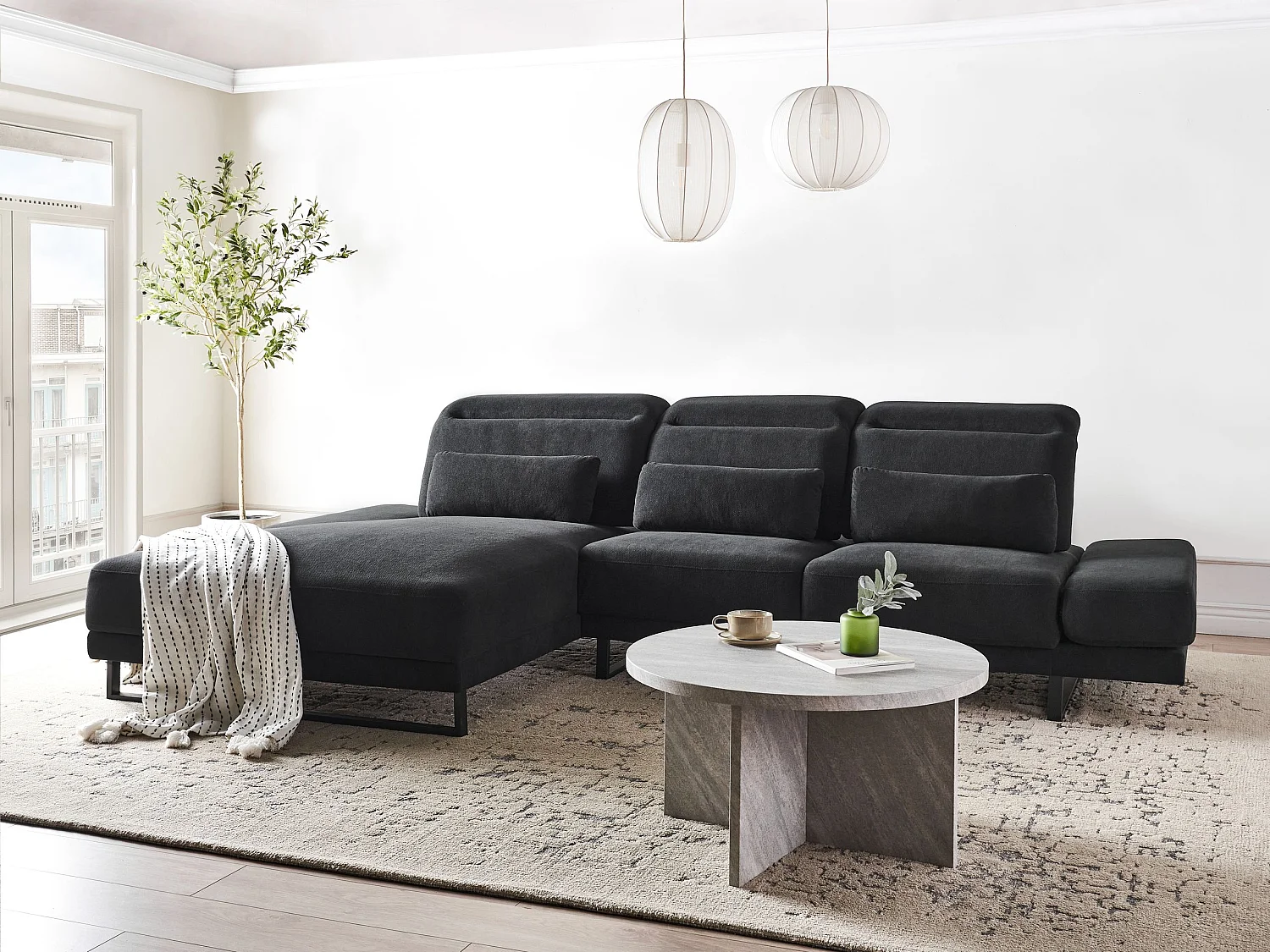 Canapé d'Angle à gauche en Tissu Rembourré Pieds en Acier Accoudoirs et Dossier Réglables Meuble de Salon Noir Ikast