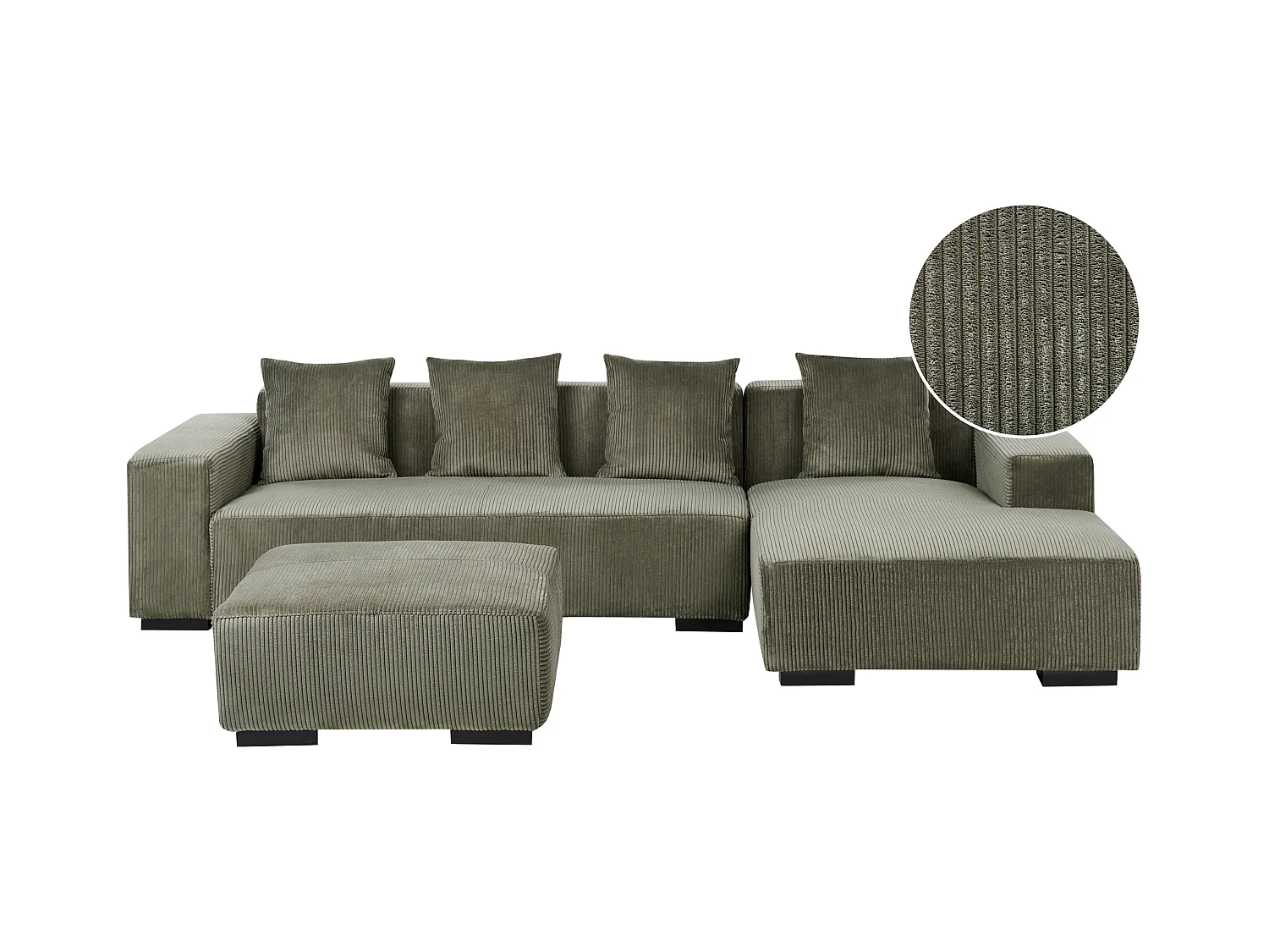 4-Sitzer Ecksofa L-Form Cord grün mit Ottomane Chaiselongue links Lungo