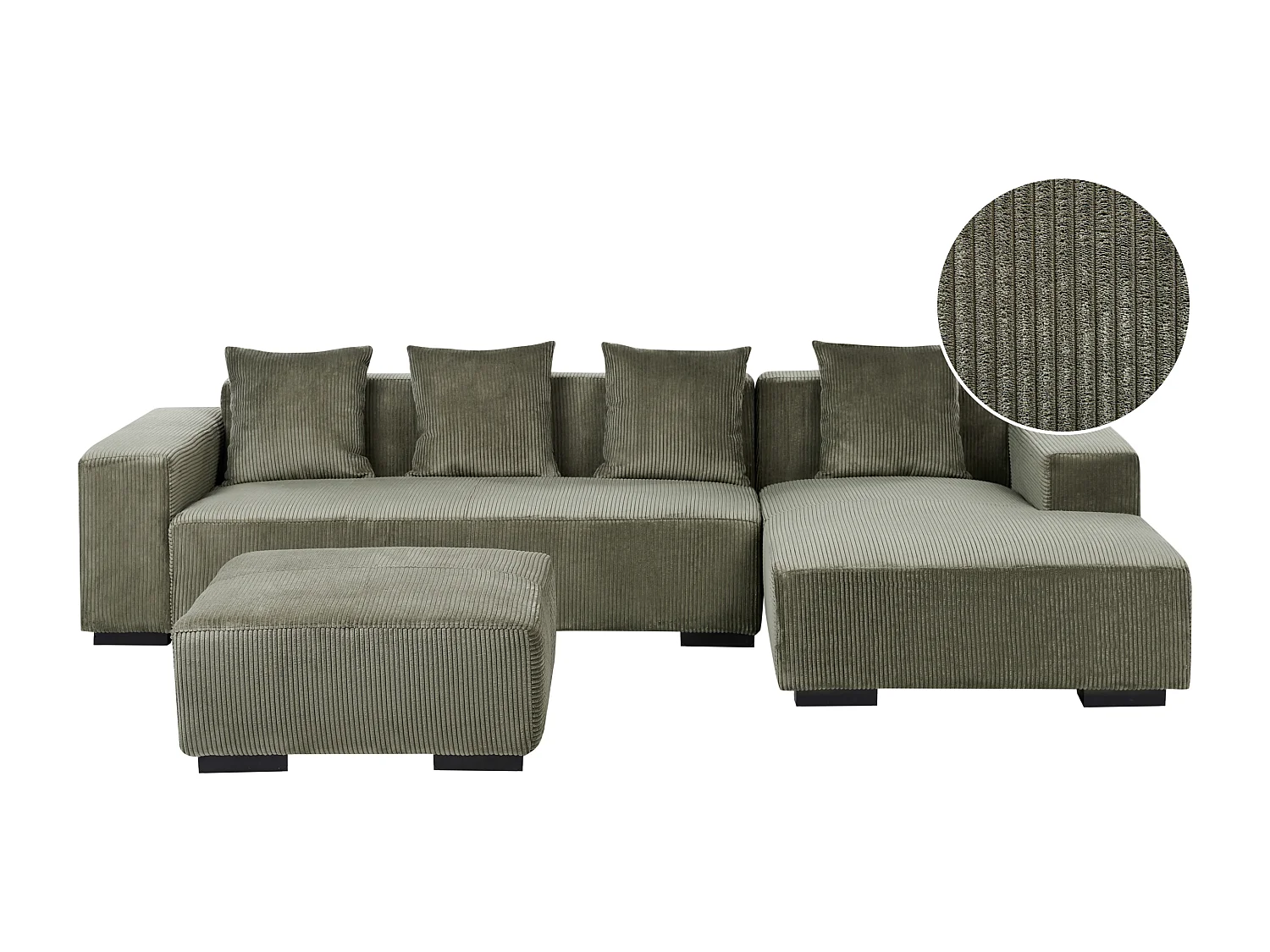 4-Sitzer Ecksofa L-Form Cord grün mit Ottomane Chaiselongue links Lungo