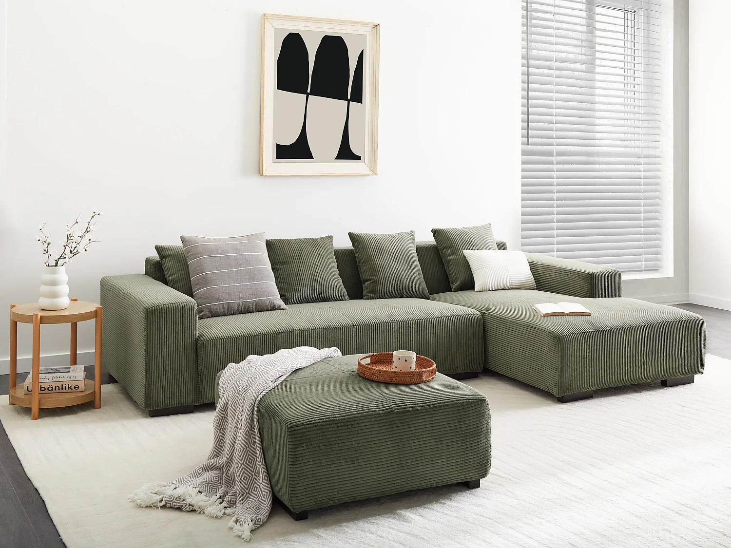 4-Sitzer Ecksofa L-Form Cord grün mit Ottomane Chaiselongue links Lungo