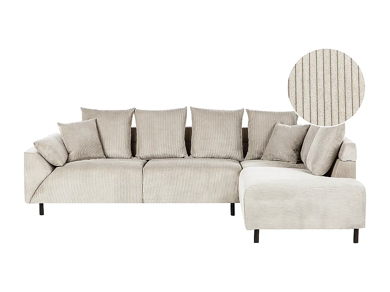 Canapé d'Angle à Gauche Moderne en Velours Côtelé Coussins en Tissu Pieds en Métal Beige Lunner