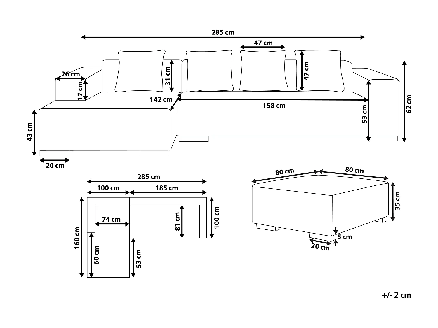 Sofá de canto LUNGO Bombazine Verde com repousa-pés 4 lugares à direita