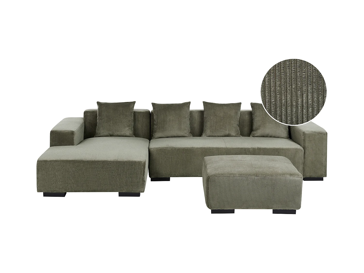 4-Sitzer Ecksofa L-Form Cord grün mit Ottomane Chaiselongue rechts Lungo